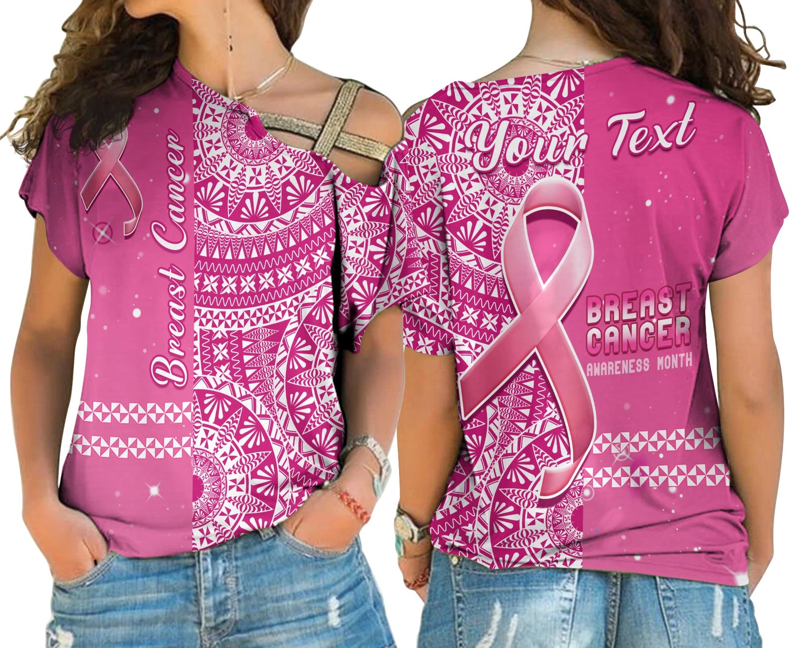 (Custom Personalised) Tonga Breast Cancer Cross Shoulder Shirt Tongan Ngatu Pattern No One Fights Alone LT14 Female Pink - Polynesian Pride