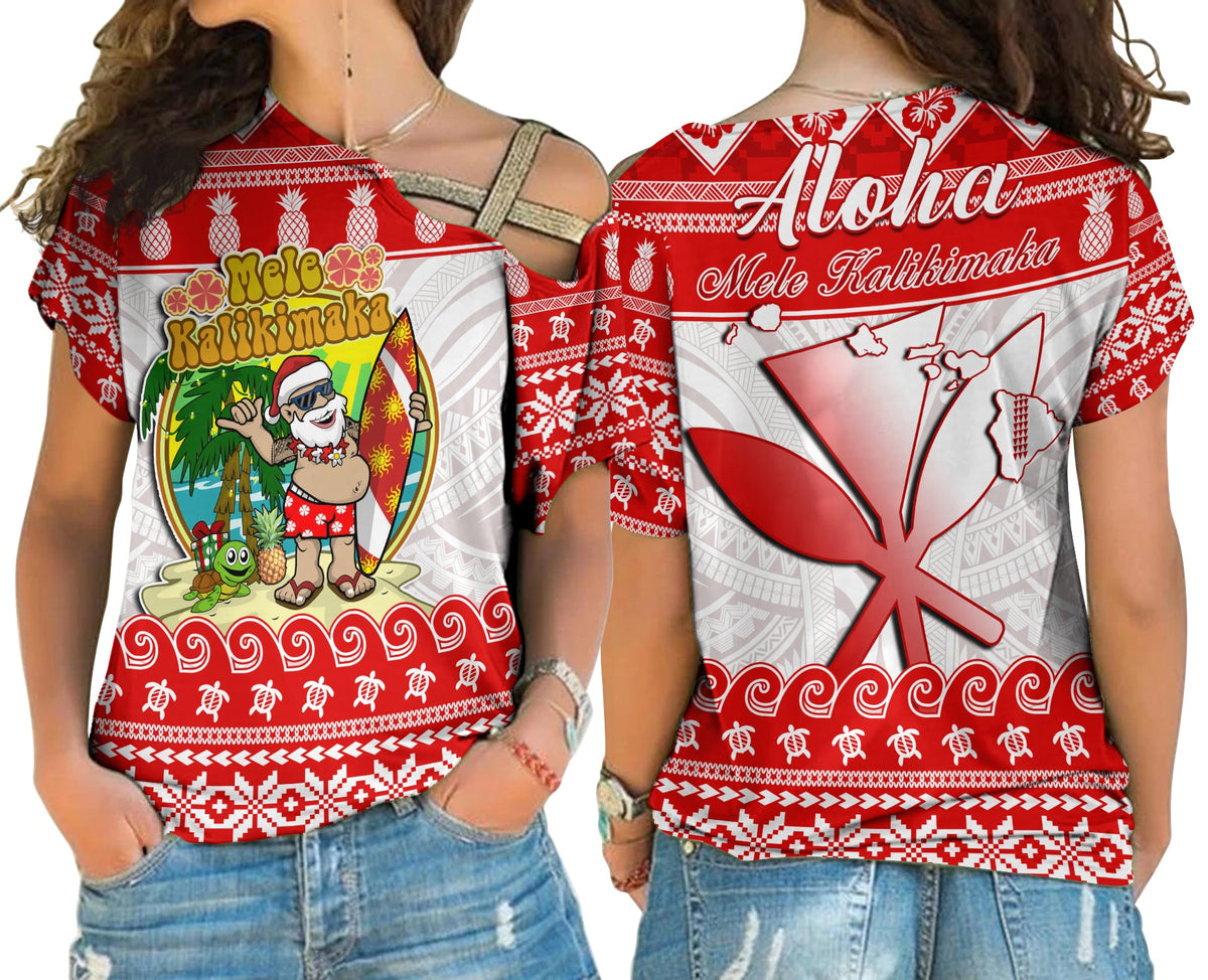 Hawaii Christmas Cross Shoulder Shirt Kanaka Polynesian Santa Claus Mele Kalikimaka LT14 Female Red - Polynesian Pride