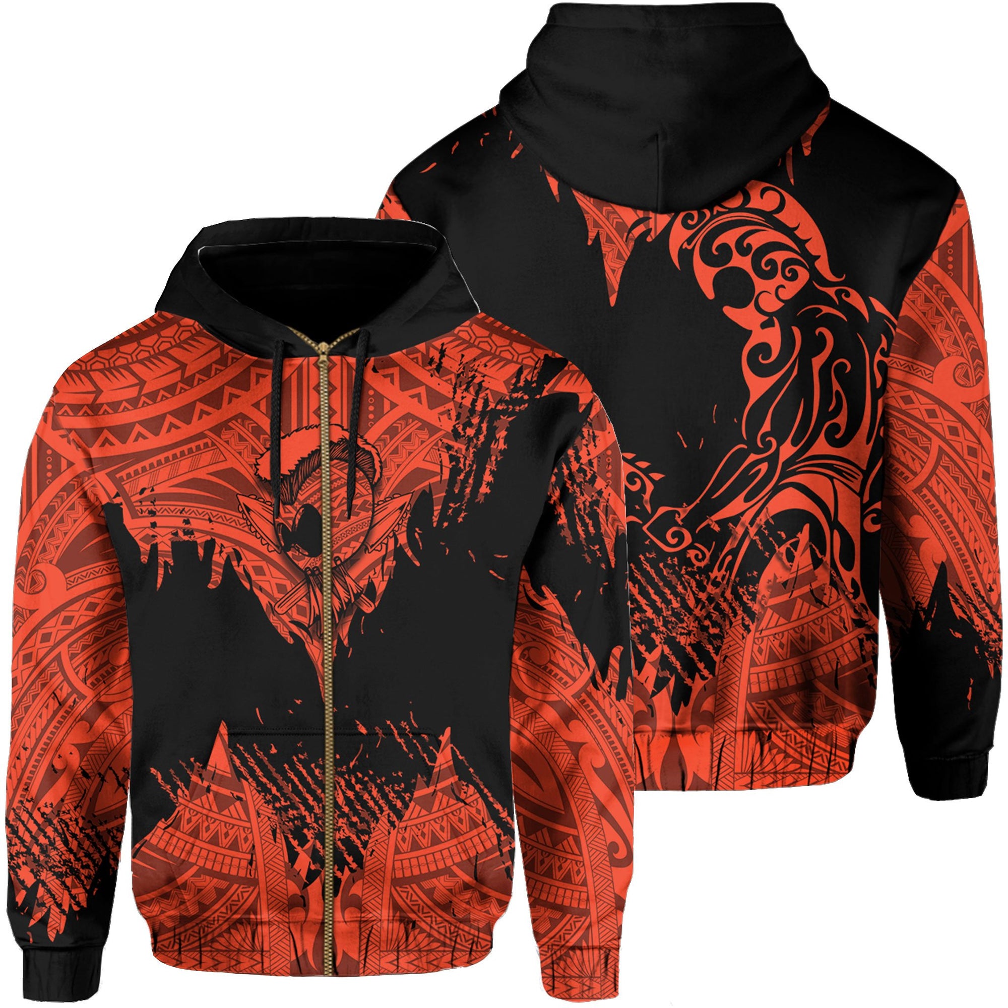 Hawaii Polynesian Hoodie Zip Warrior Ikaika Benjamin Style Orange Unisex Black - Polynesian Pride