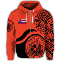 Hawaii Coat of Arms Zip Hoodie Waveshape Style Orange - Polynesian Pride