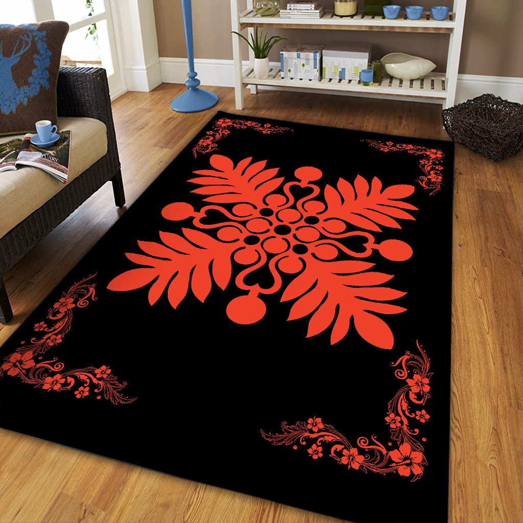 Hawaiian Quilt Maui Plant And Hibiscus Pattern Area Rug - Orange Black - AH - Polynesian Pride