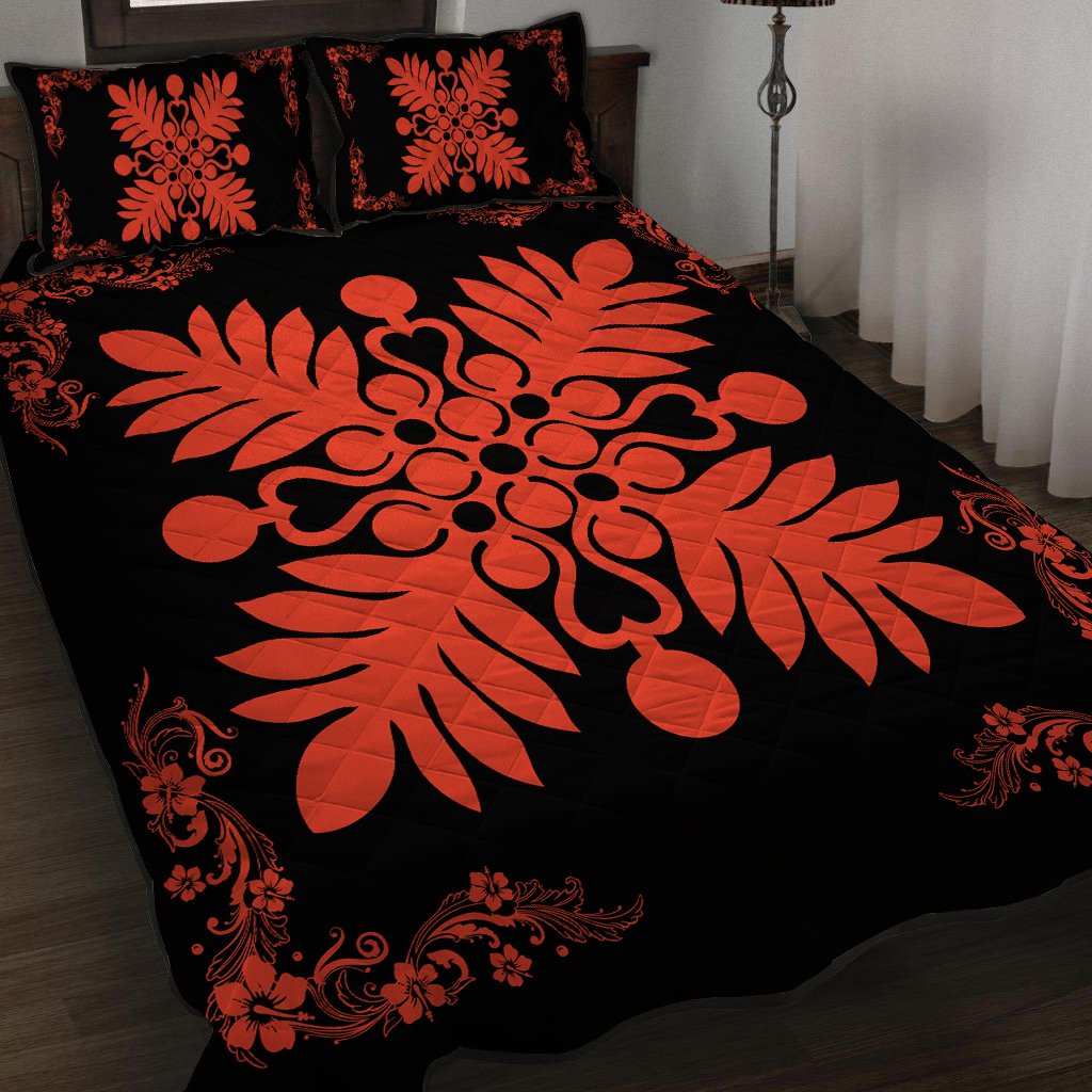 Hawaiian Quilt Maui Plant And Hibiscus Pattern Quilt Bed Set - Orange Black - AH - Polynesian Pride