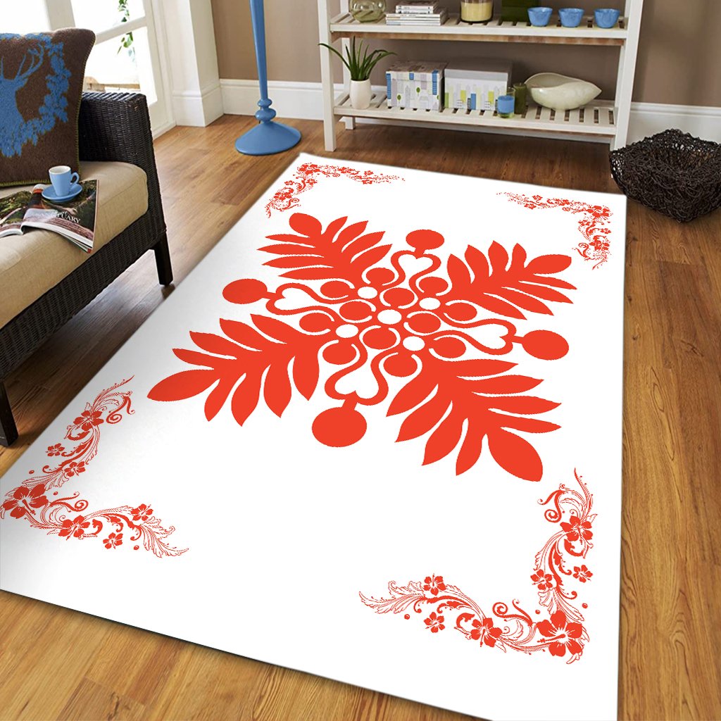 Hawaiian Quilt Maui Plant And Hibiscus Pattern Area Rug - Orange White - AH - Polynesian Pride
