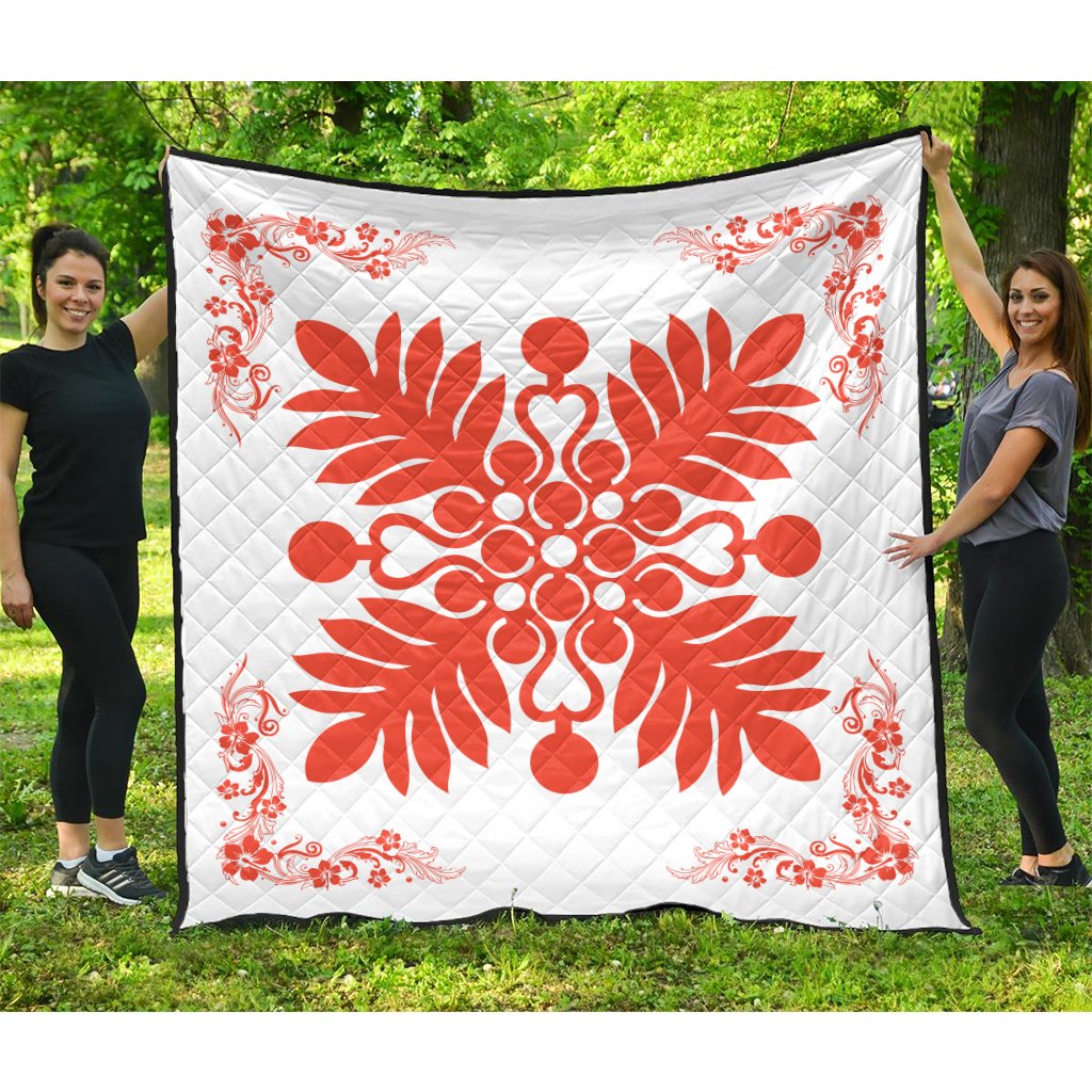 Hawaiian Quilt Maui Plant And Hibiscus Premium Quilt - Orange White - AH Orange - Polynesian Pride