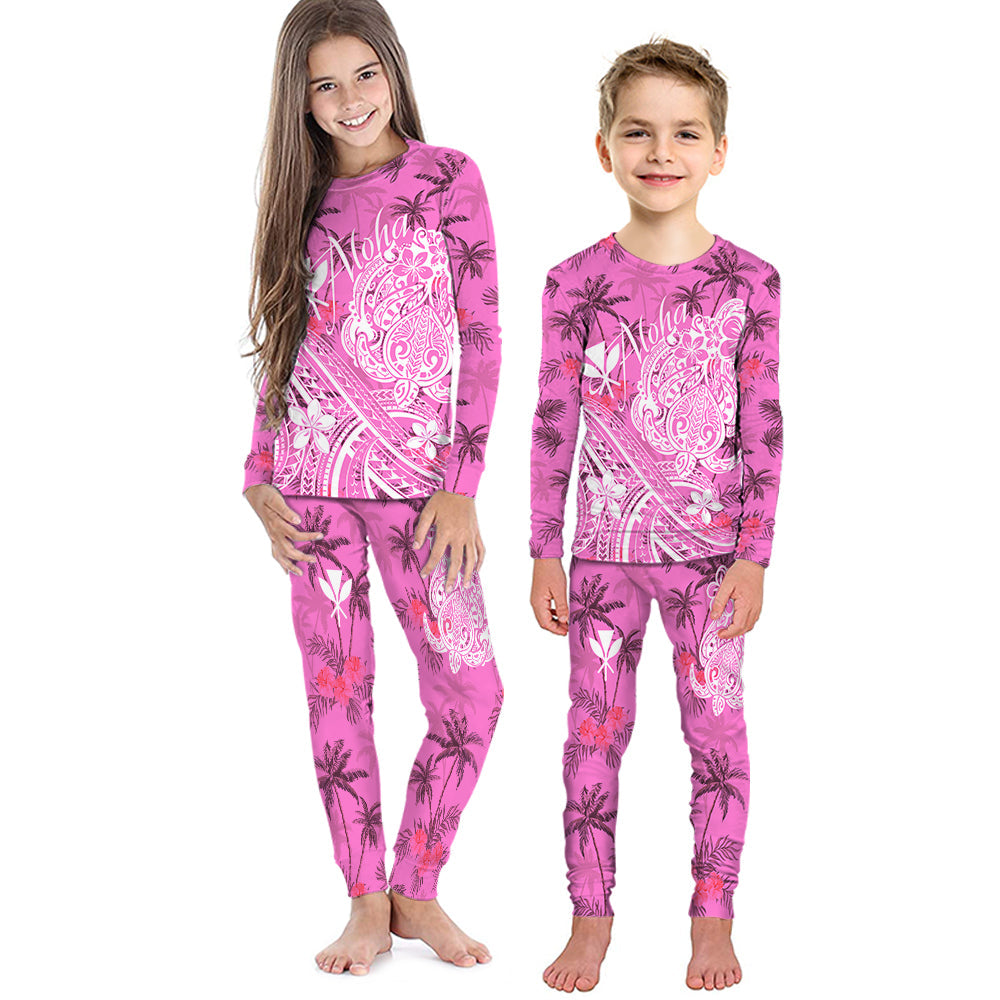 Hawaii Aloha Pajama Set KID Palm Trees Mix Turtle - Pink LT7 Pink - Polynesian Pride