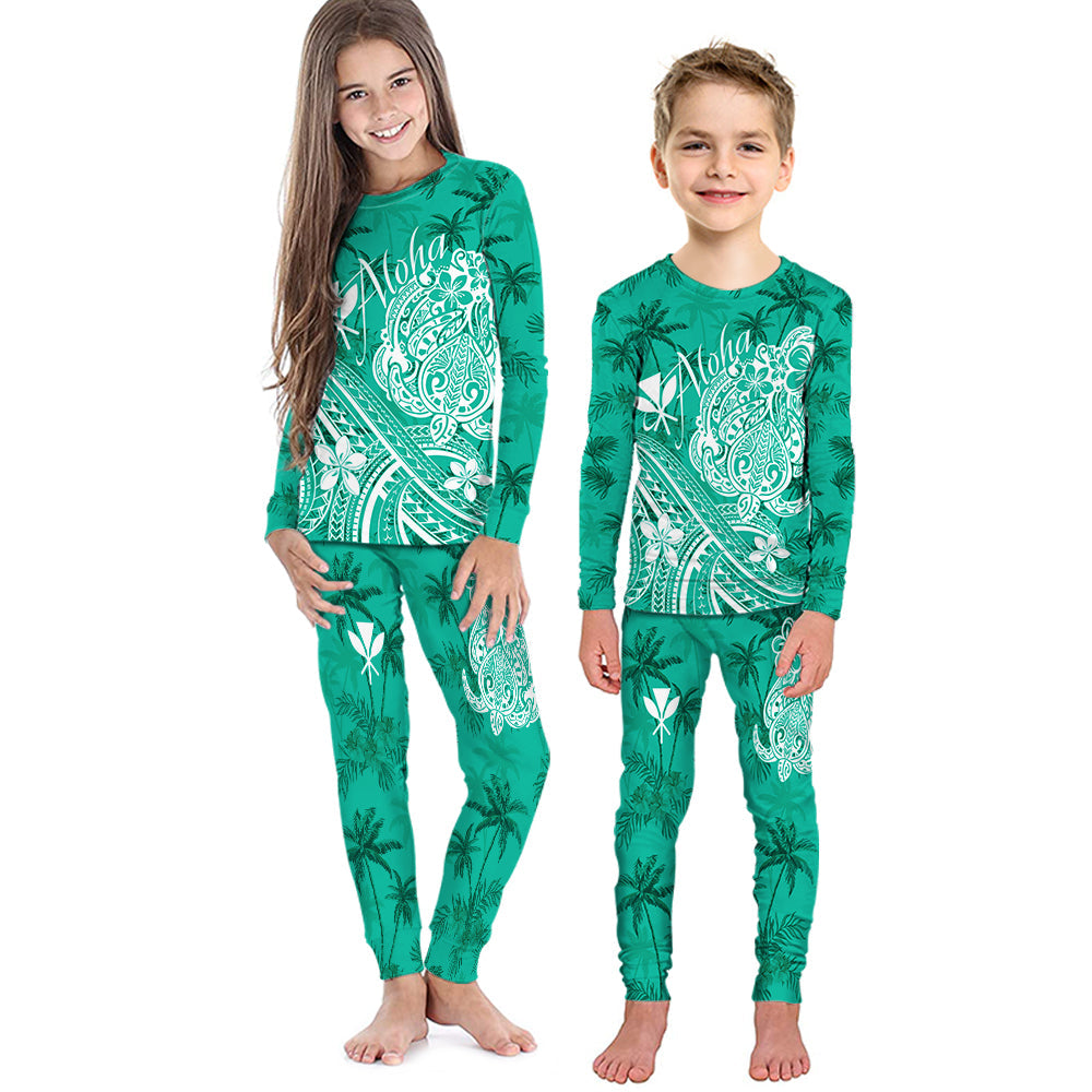 Hawaii Aloha Pajama Set KID Palm Trees Mix Turtle - Teal LT7 Teal - Polynesian Pride