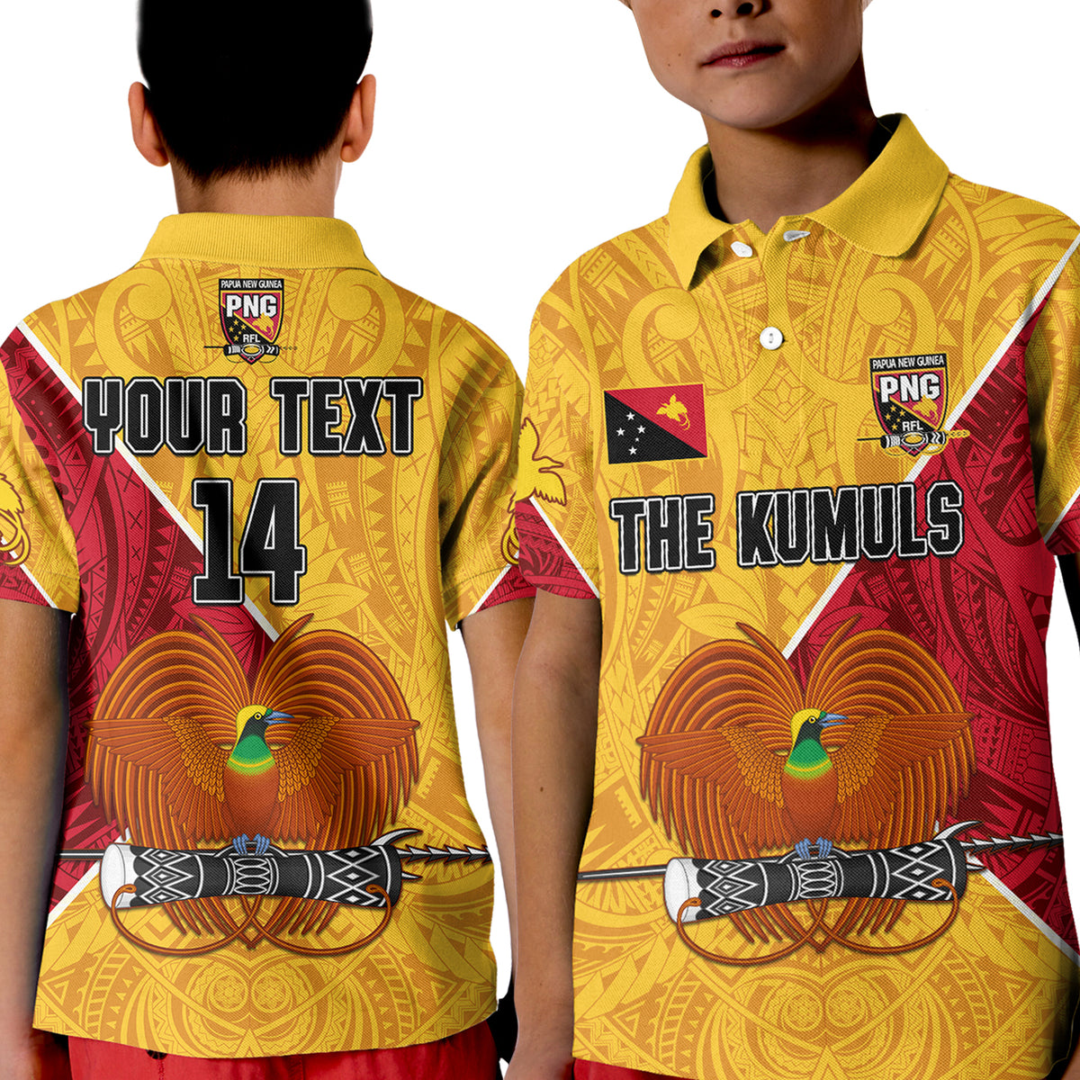 (Custom Text and Number) The Kumuls PNG Polo Shirt Papua New Guinea Polynesian Dynamic Style LT14 Kid Yellow - Polynesian Pride