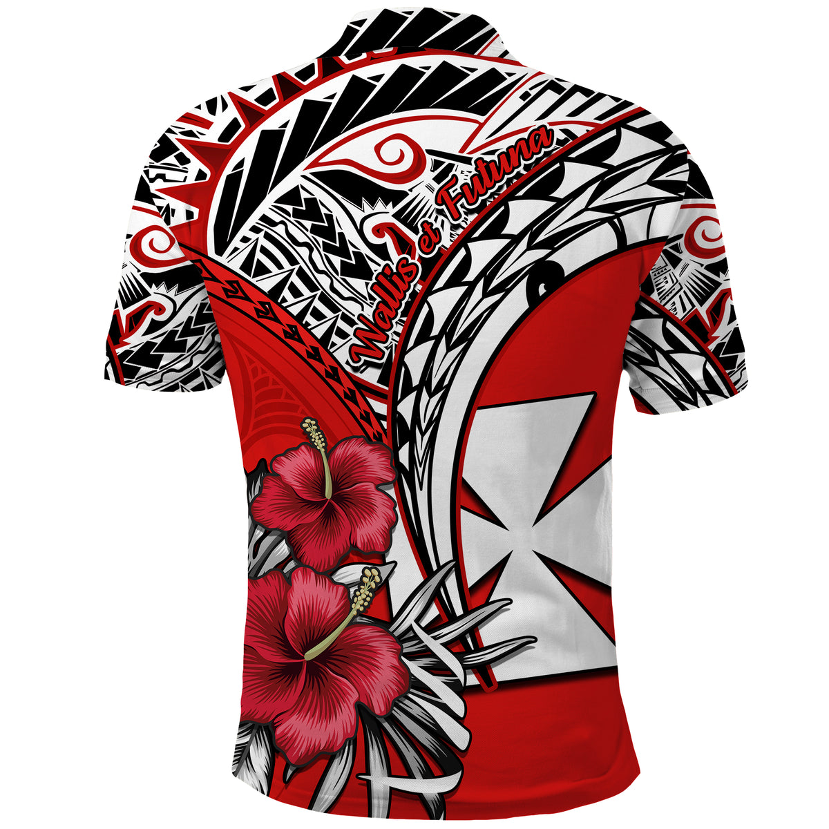 Wallis et Futuna Polo Shirt Polynesian Pattern and Hibiscus Flowers Version Red LT13 - Polynesian Pride