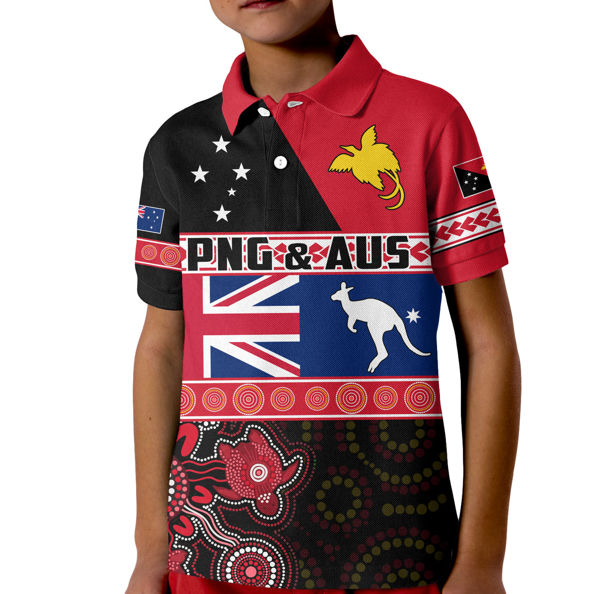 Papua New Guinea and Australia Polo Shirt KID Aboriginal PNG and AUS LT13 Unisex Black - Polynesian Pride