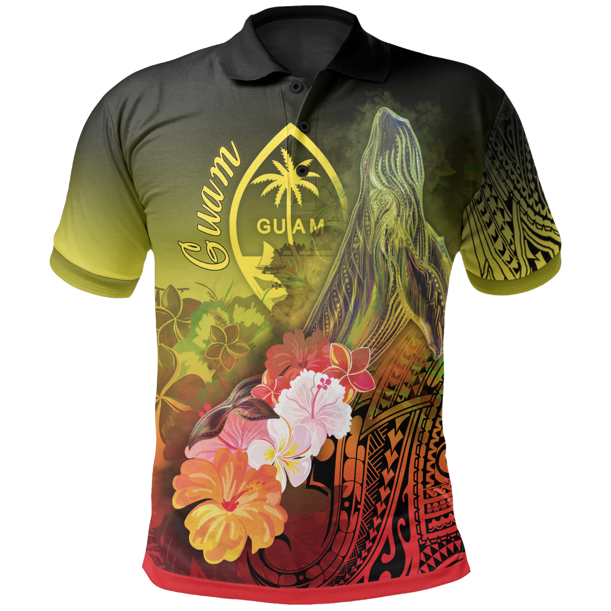 Guam Polo Shirt Humpback Whale with Tropical Flowers (Yellow) Unisex Yellow - Polynesian Pride