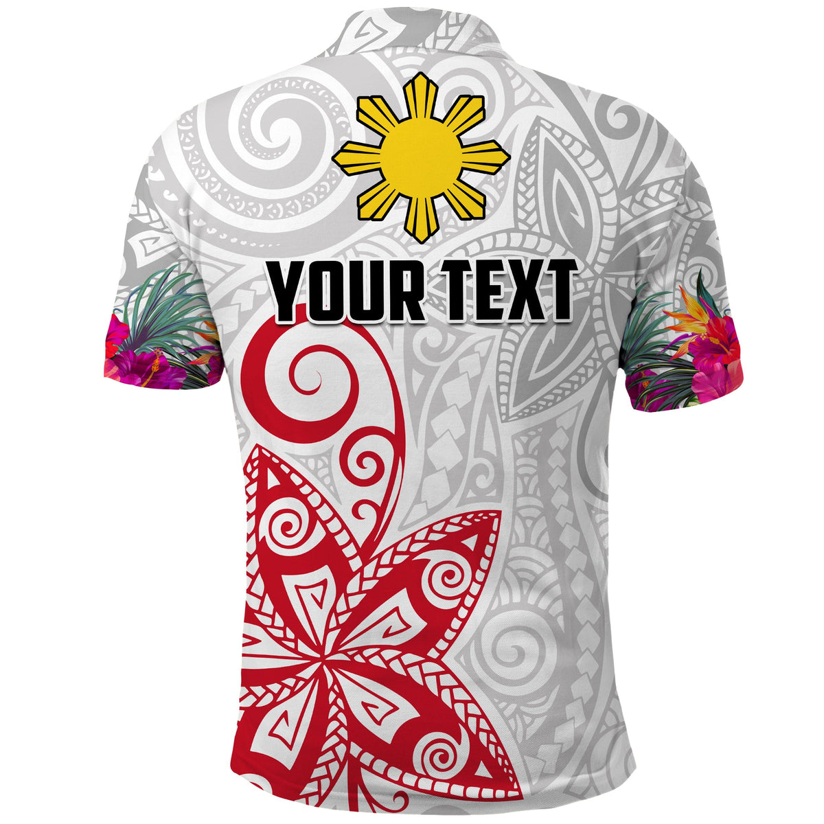 Custom Philippines Polo Shirt Sun Filipino Polynesian mix Flowers White Vibe LT13 - Polynesian Pride