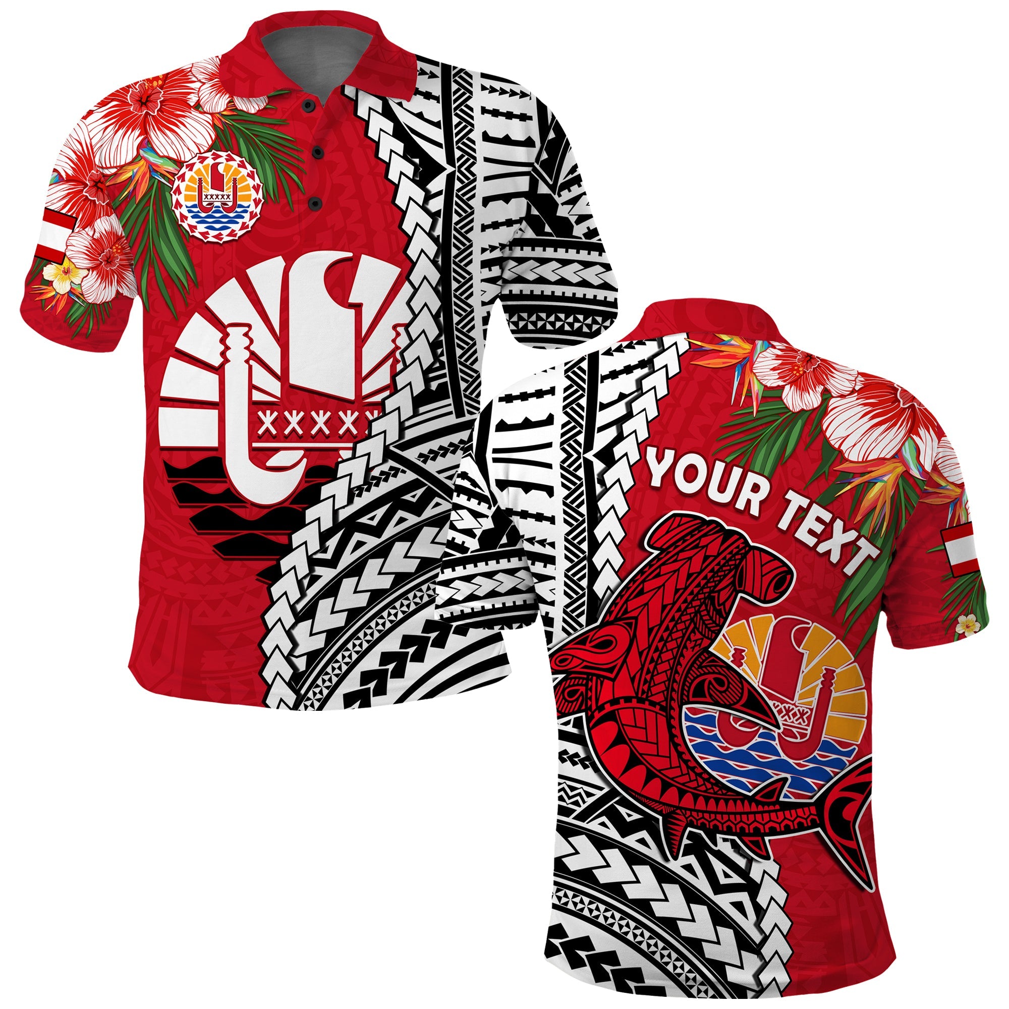 Custom Tahiti Islands Polo Shirt Polynesian Shark Mix Tropical Flowers LT14 Adult Red - Polynesian Pride