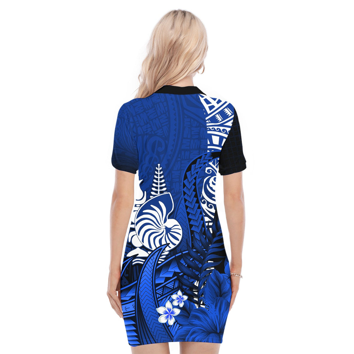 (Custom Personalised) New Caledonia Polo Dress Nautilus Blue Polynesian Hibiscus LT13 - Polynesian Pride