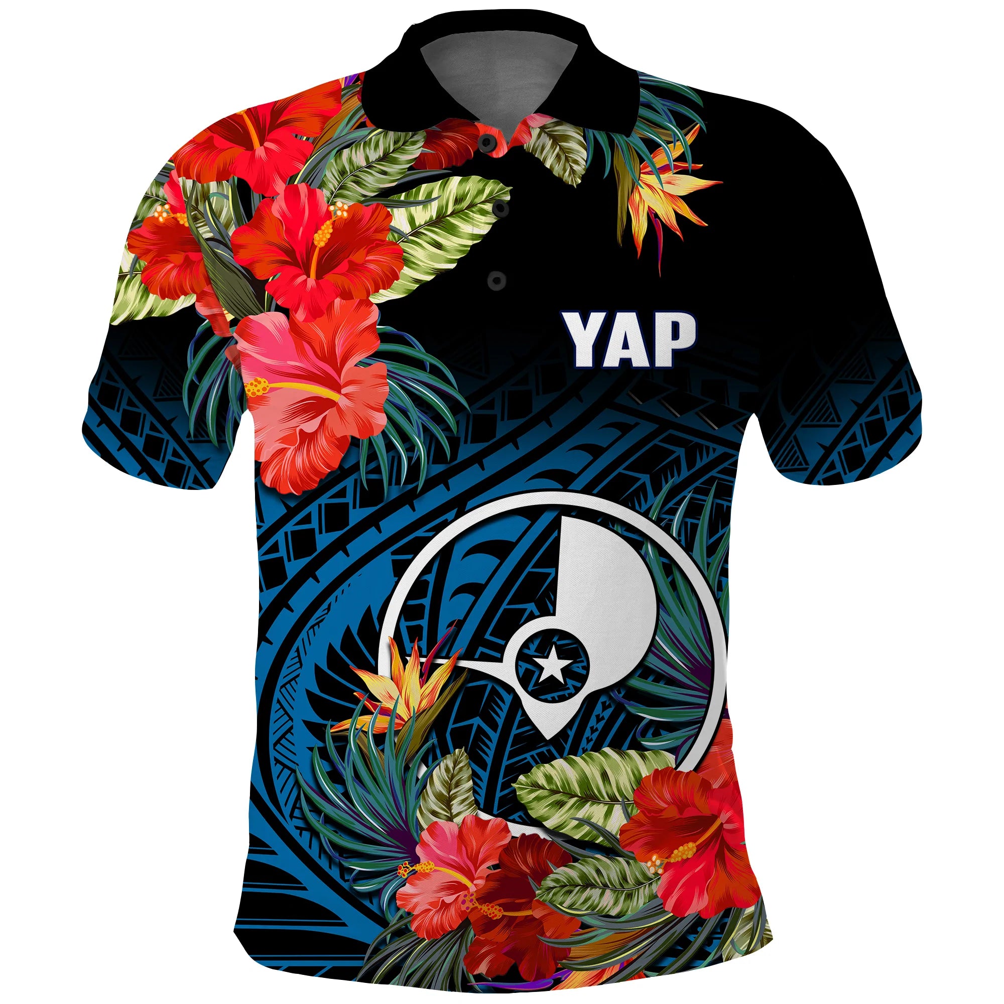 Yap State Polo Shirt FSM Hibiscus Flowers Mix Polynesian LT14 Blue - Polynesian Pride