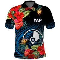 Yap State Polo Shirt FSM Hibiscus Flowers Mix Polynesian LT14 Blue - Polynesian Pride