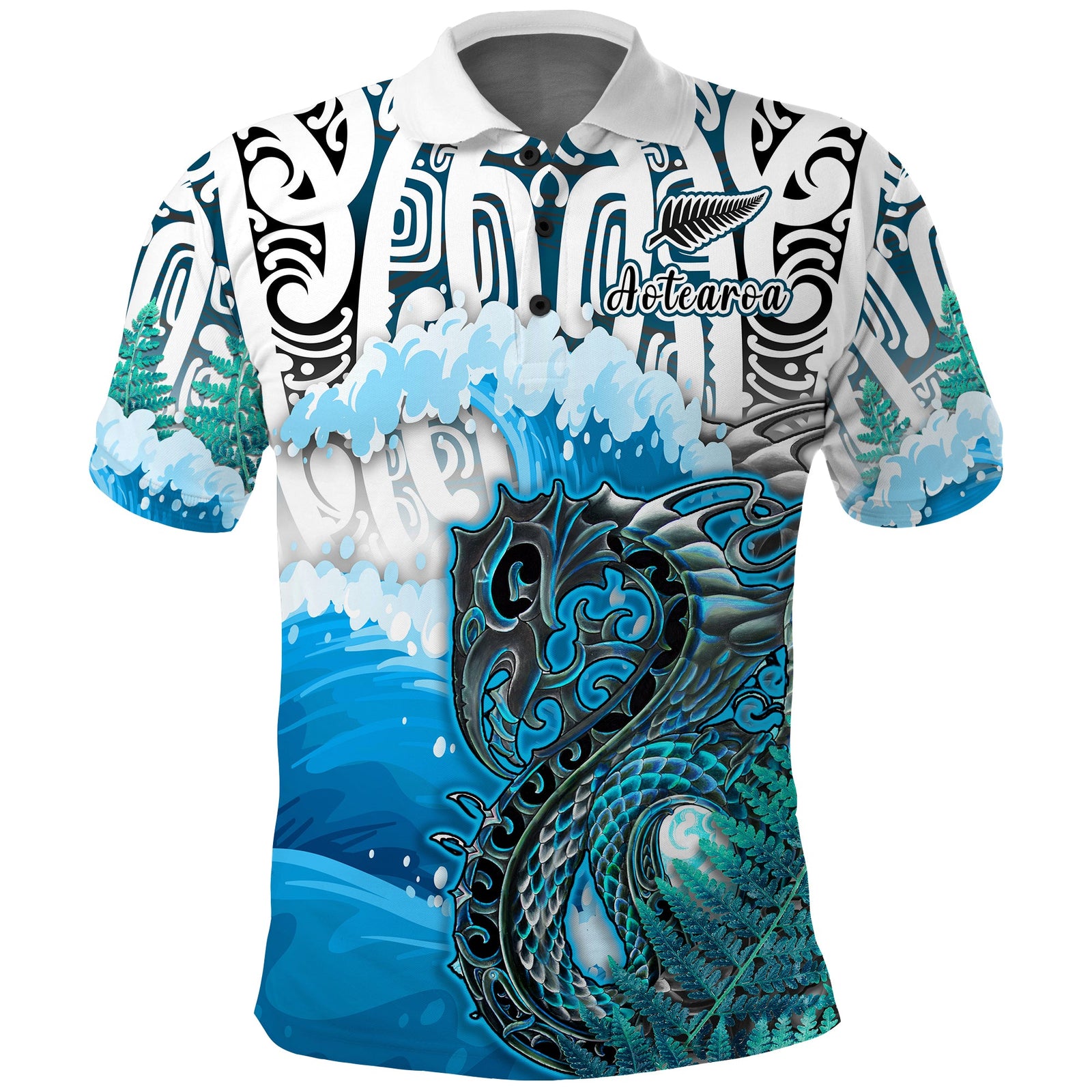 Custom Manaia Maori Polo Shirt Fern Aotearoa Blue Waves LT13 Blue - Polynesian Pride