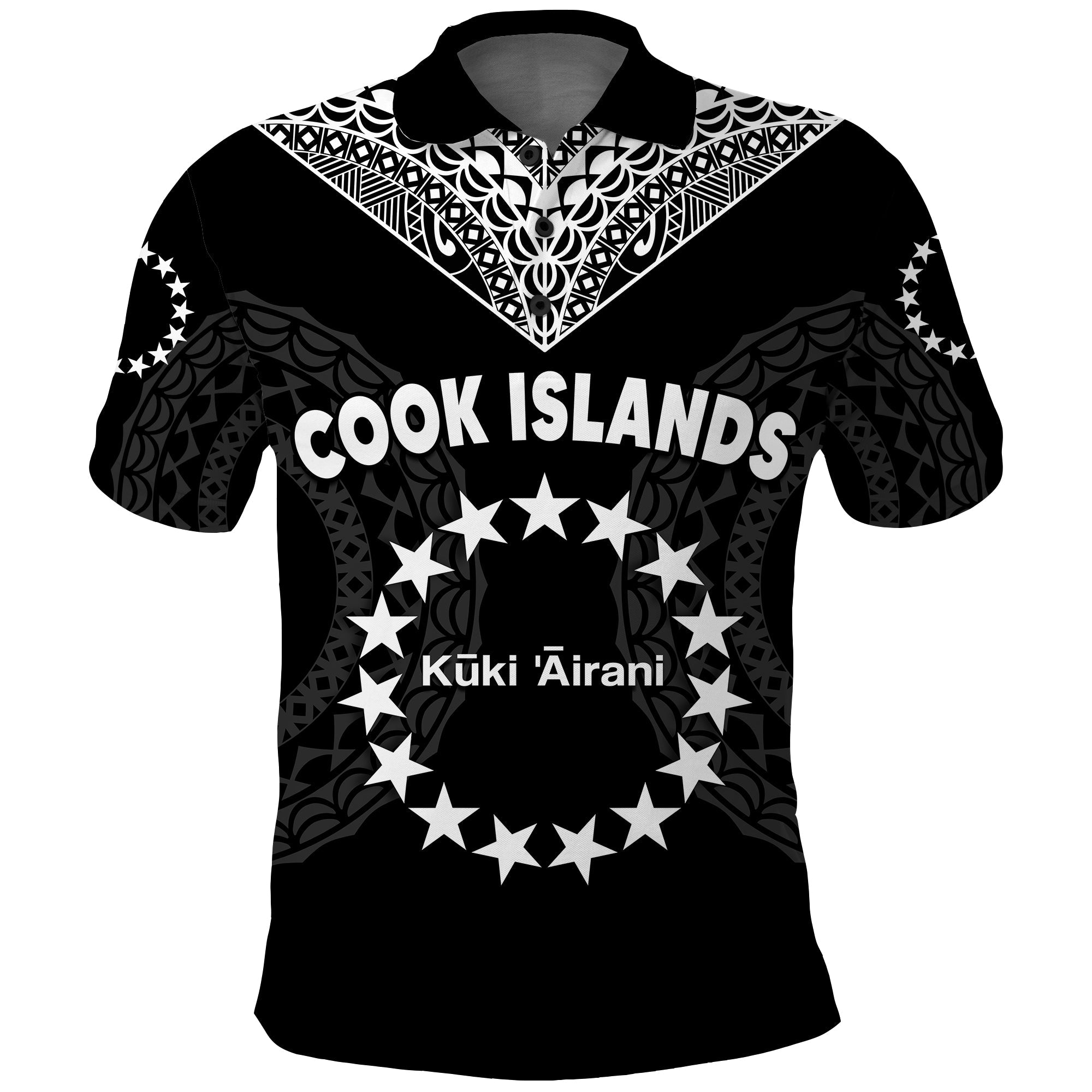 Cook Islands Polo Shirt Circle Pattern Mix Sea Turtle Black Version LT14 Adult Black - Polynesian Pride