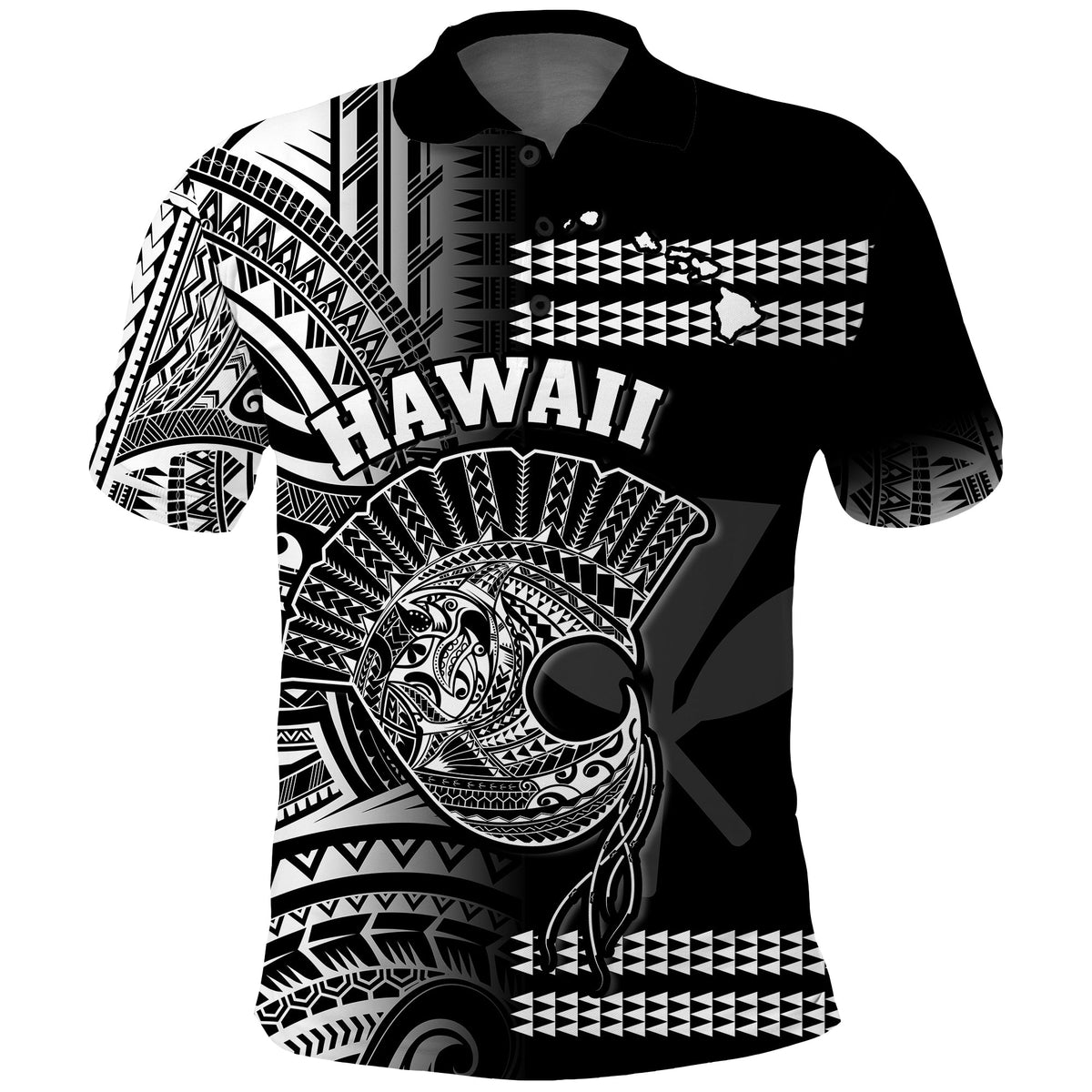 Hawaii Polo Shirt Kakau Warrior Helmet Gradient White Polynesian LT14 White - Polynesian Pride