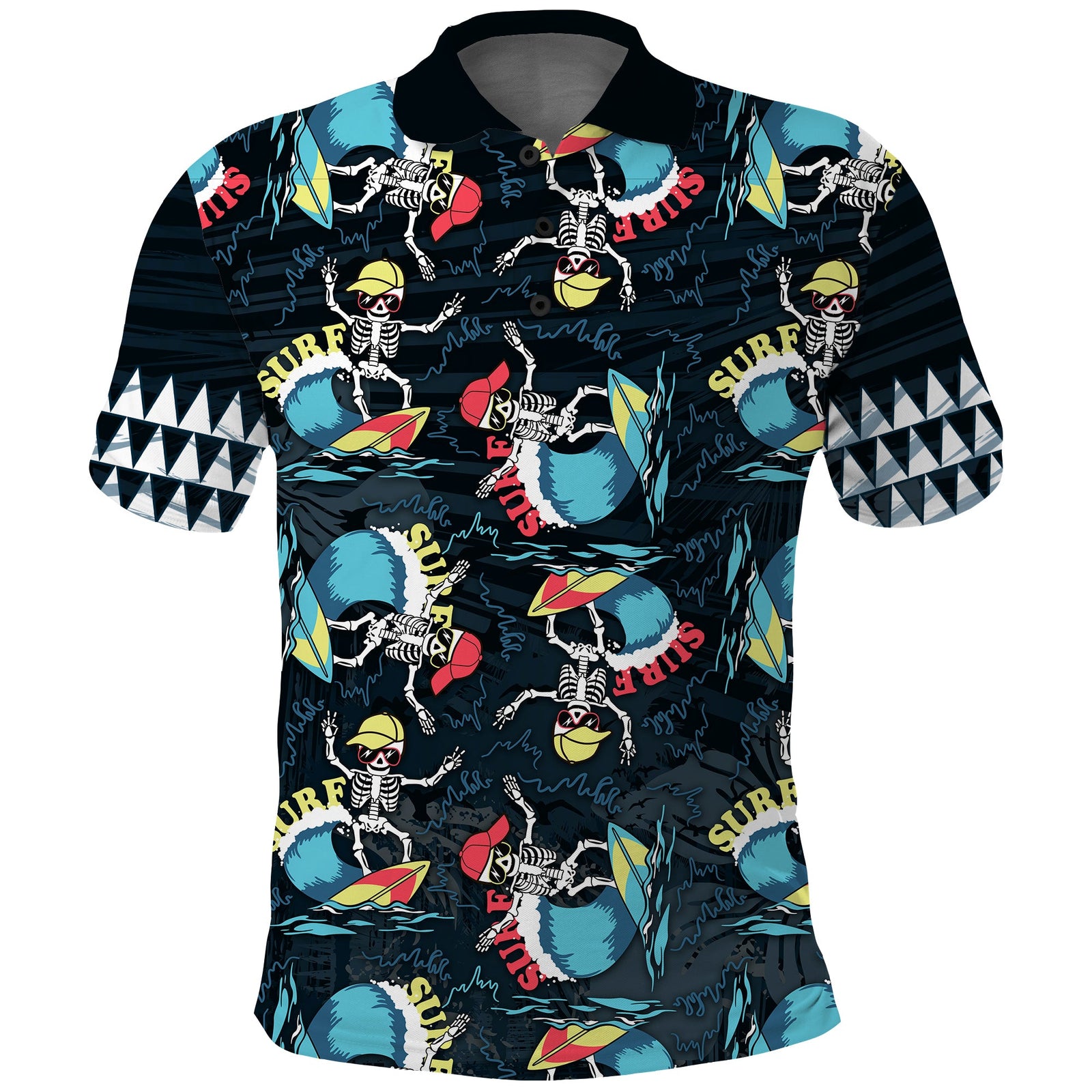 Hawaii Skeleton Surf Polo Shirt Halloween Hawaiian Tribal LT13 Black - Polynesian Pride