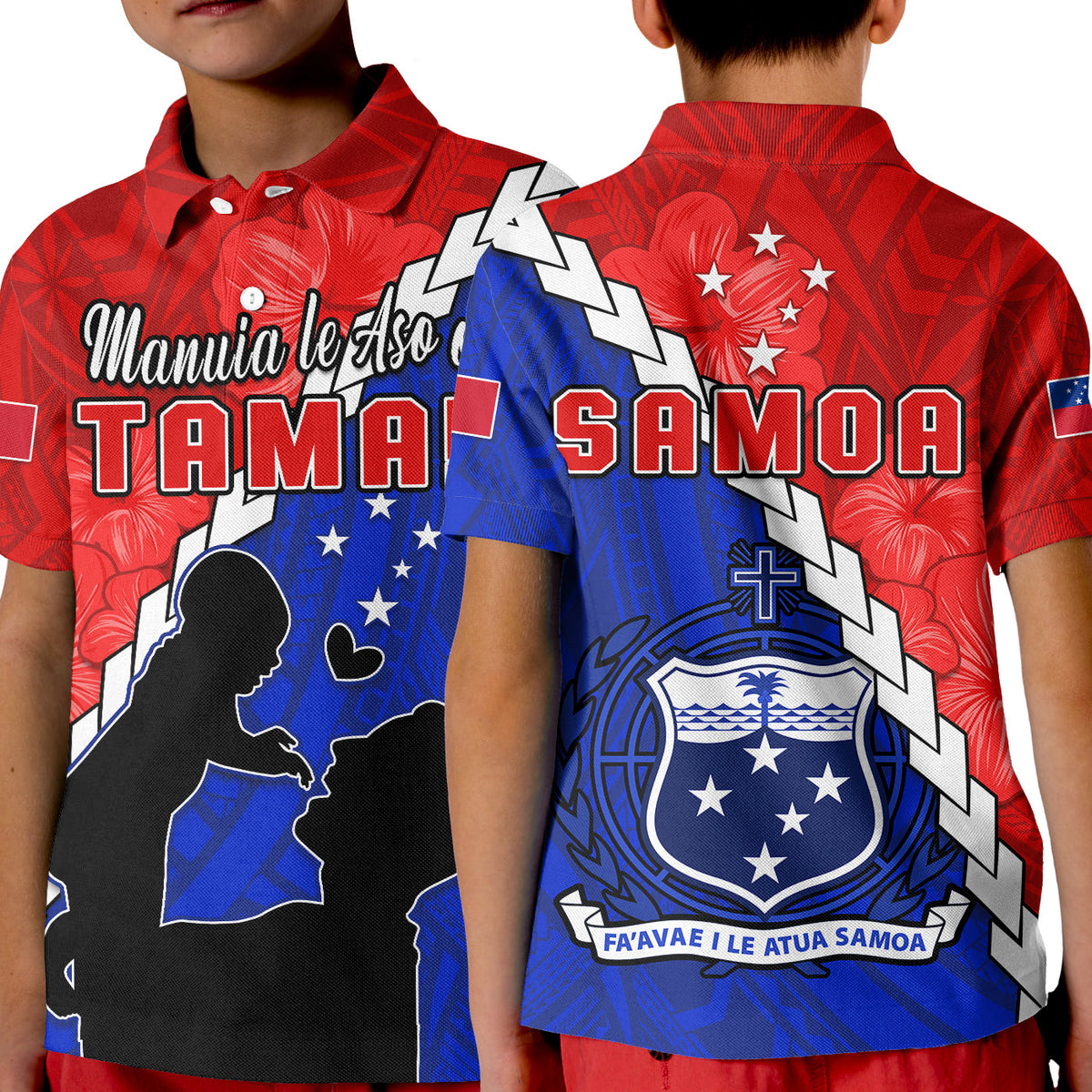 Happy Samoan Fathers Day Polo Shirt Hibiscus Mix Polynesian Pattern LT14 Kid Red - Polynesian Pride
