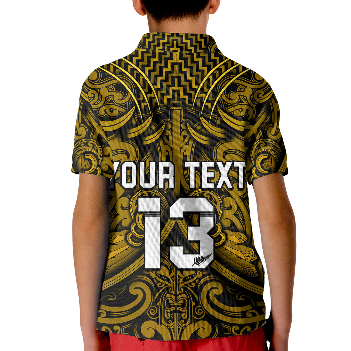 (Custom Text and Number) New Zealand Silver Fern Rugby Polo Shirt All Black Gold NZ Maori Pattern LT13 - Polynesian Pride