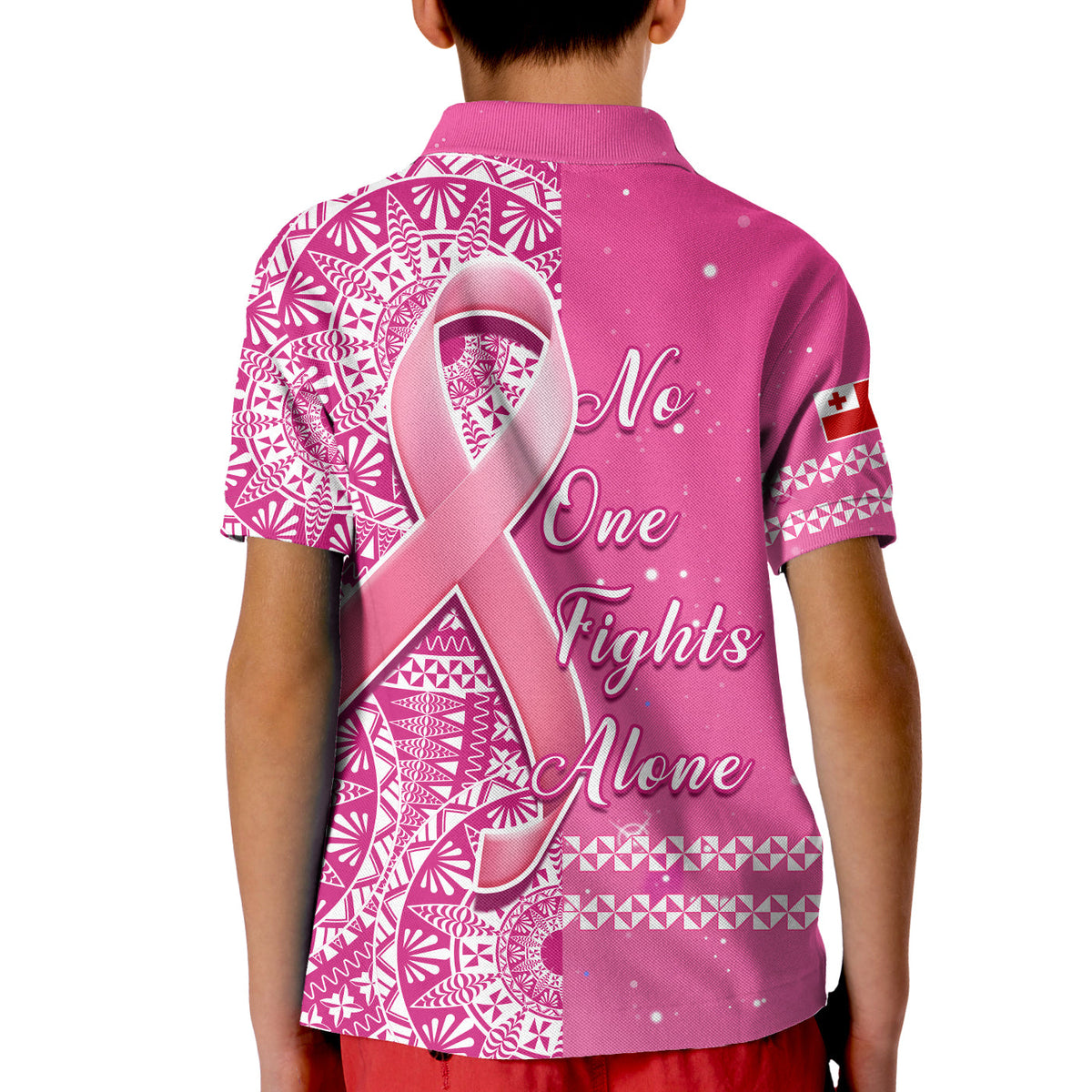 Tonga Breast Cancer Polo Shirt Tongan Ngatu Pattern No One Fights Alone LT14 - Polynesian Pride