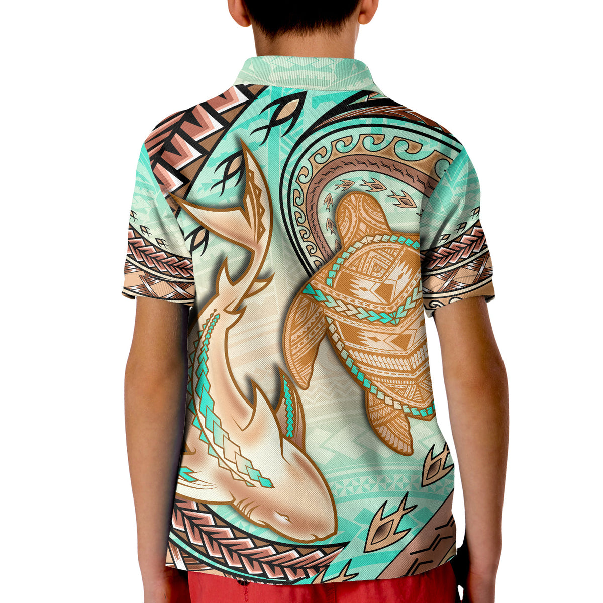 Hawaii Polo Shirt Polynesian Shark and Sea Turtle Dreamy Turquoise Artsy LT14 - Polynesian Pride