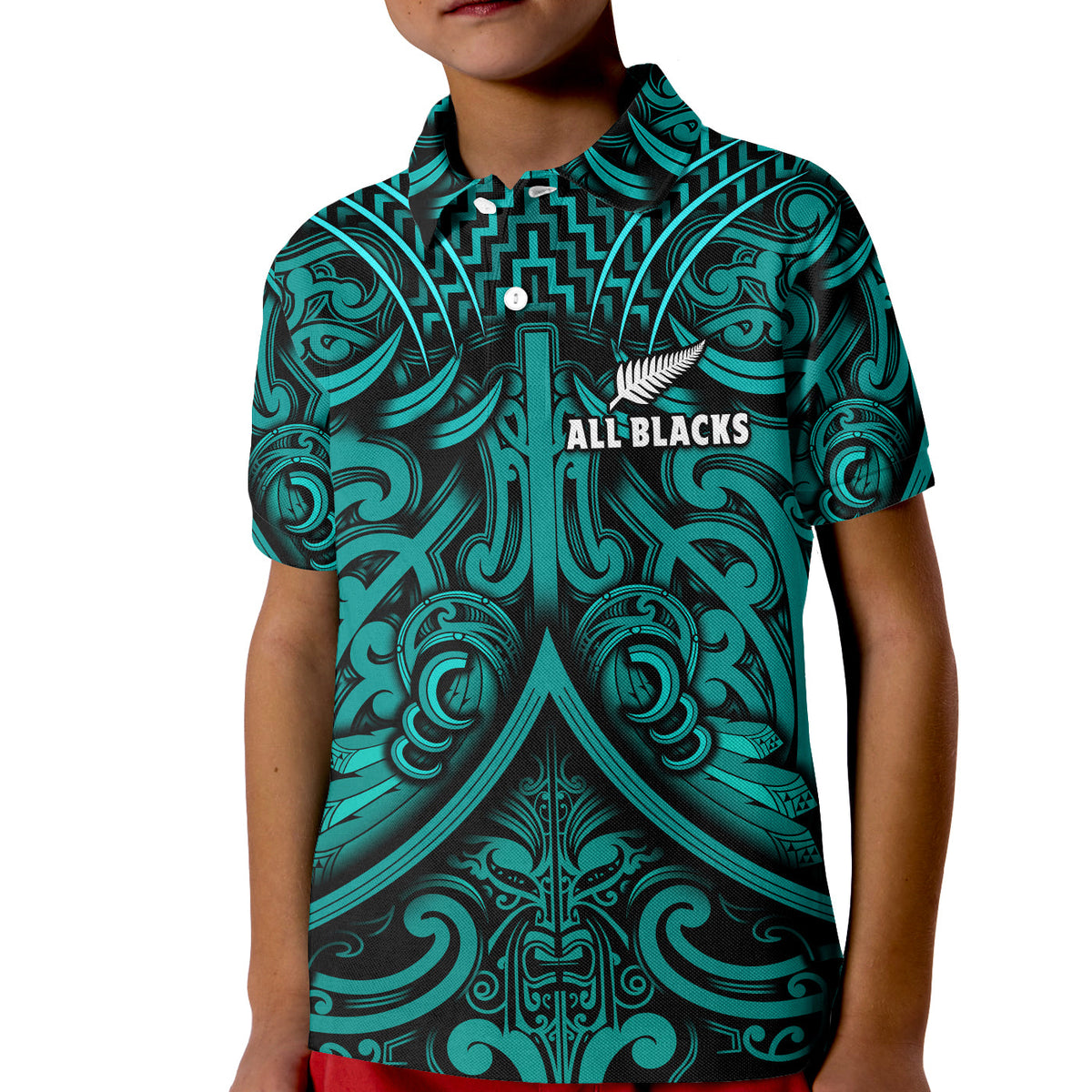 (Custom Text and Number) New Zealand Silver Fern Rugby Polo Shirt KID All Black Turquoise NZ Maori Pattern LT13 Kid Turquoise - Polynesian Pride