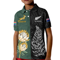 (Custom Text and Number) South Africa Protea and New Zealand Fern Polo Shirt KID Rugby Go Springboks vs All Black LT13 - Polynesian Pride