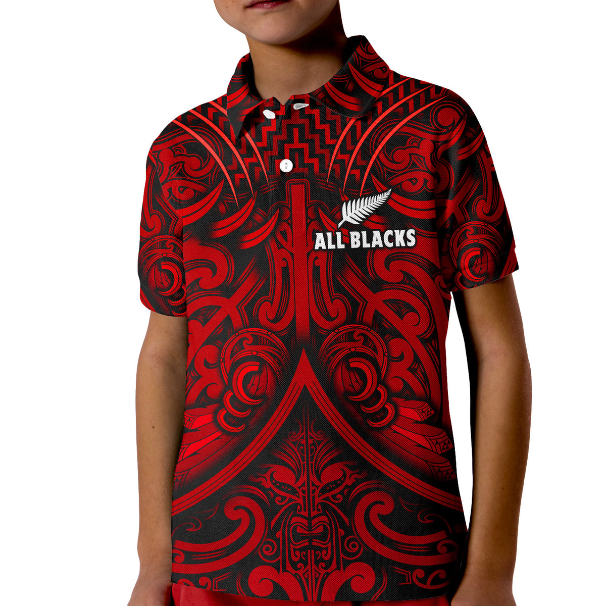 (Custom Text and Number) New Zealand Silver Fern Rugby Polo Shirt All Black Red NZ Maori Pattern LT13 - Polynesian Pride