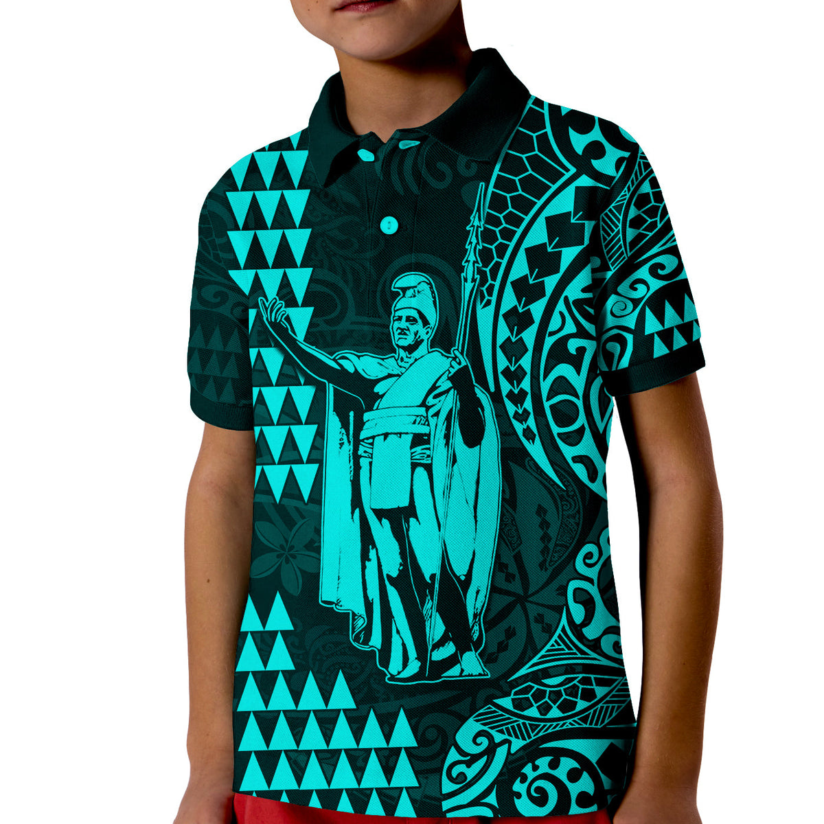 Hawaii Day Kakau Polo Shirt KID Proud To Be Hawaiian Turquoise King Kamehameha and Kanaka Maoli LT13 Kid Turquoise - Polynesian Pride