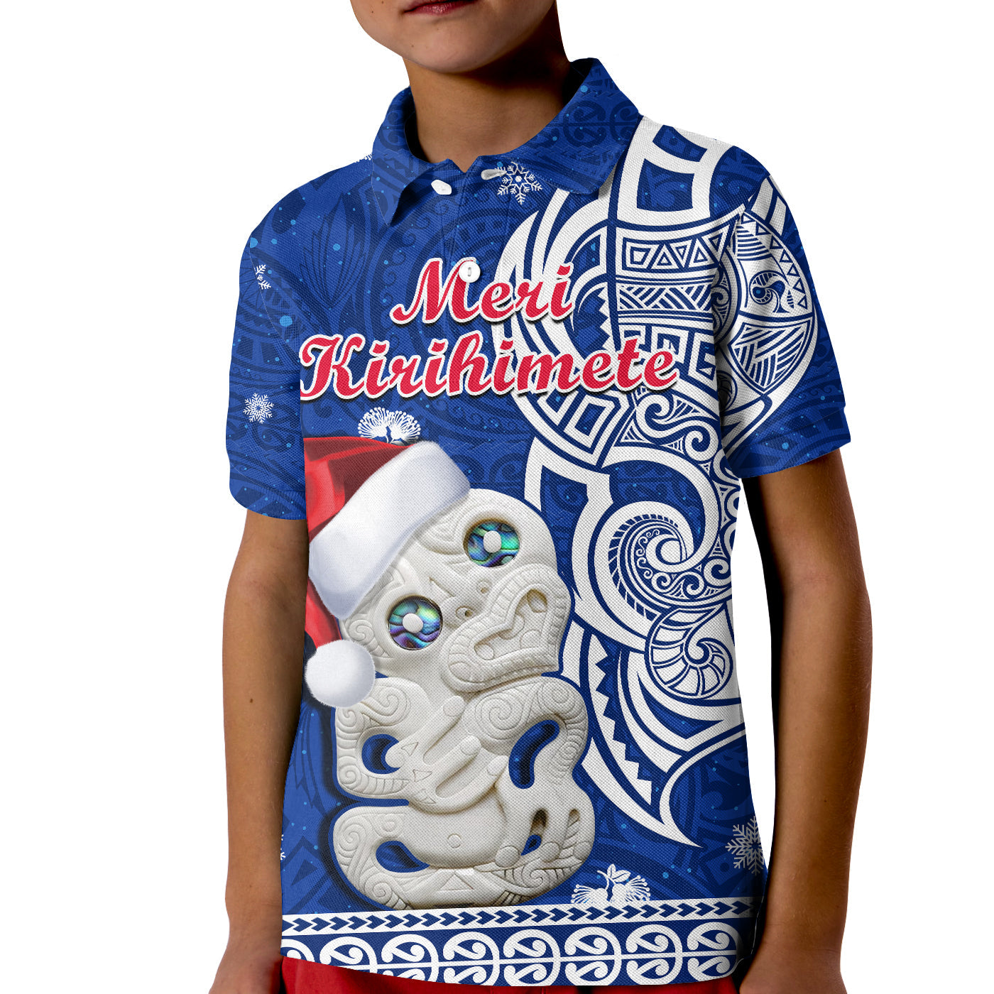 New Zealand Christmas Polo Shirt KID Hei Tiki Blue Pohutukawa Meri Kirihimete LT14 Kid Blue - Polynesian Pride