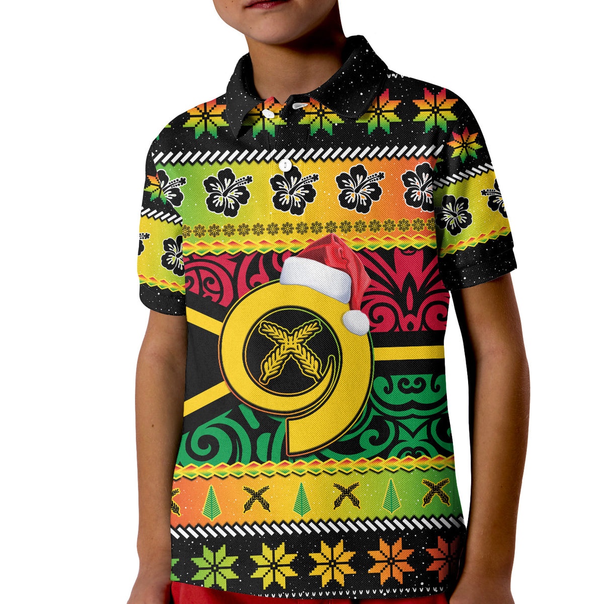 Custom Vanuatu Christmas Polo Shirt Pig Tusk Polynesian Joyeux Noel Flag Art LT14 - Polynesian Pride