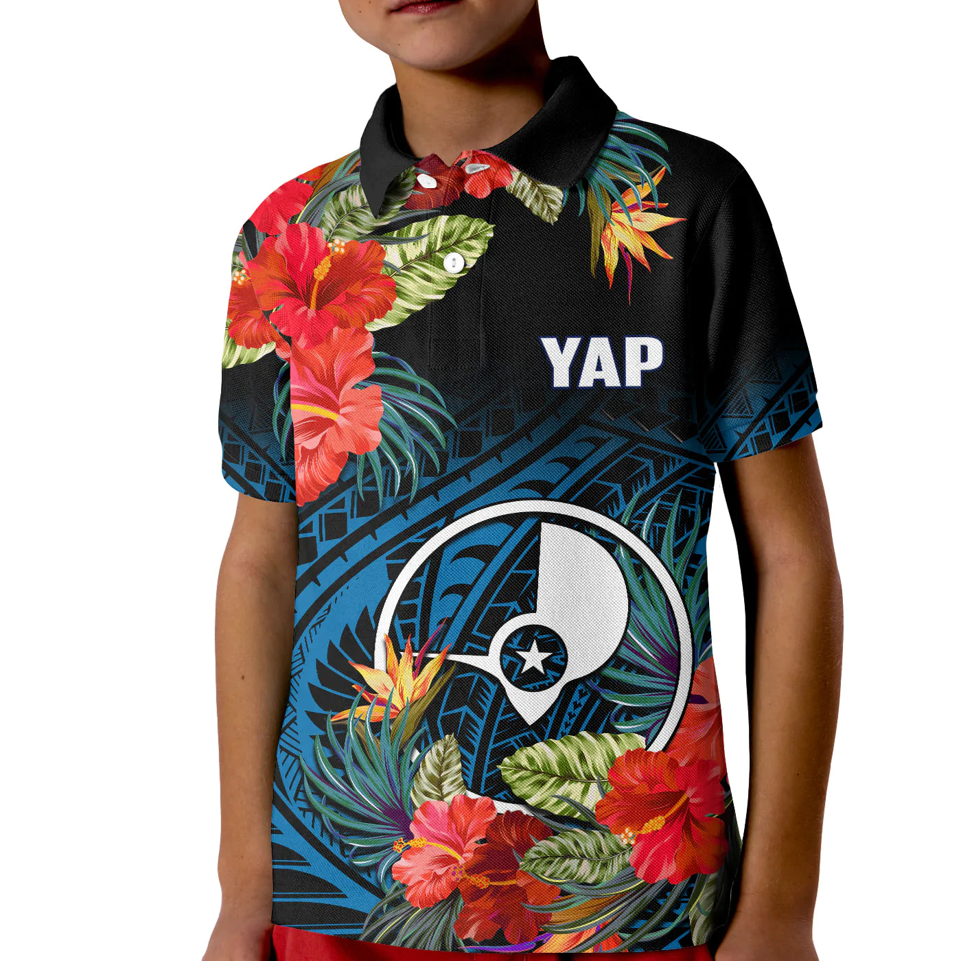 Yap State Polo Shirt KID FSM Hibiscus Flowers Mix Polynesian LT14 Kid Blue - Polynesian Pride