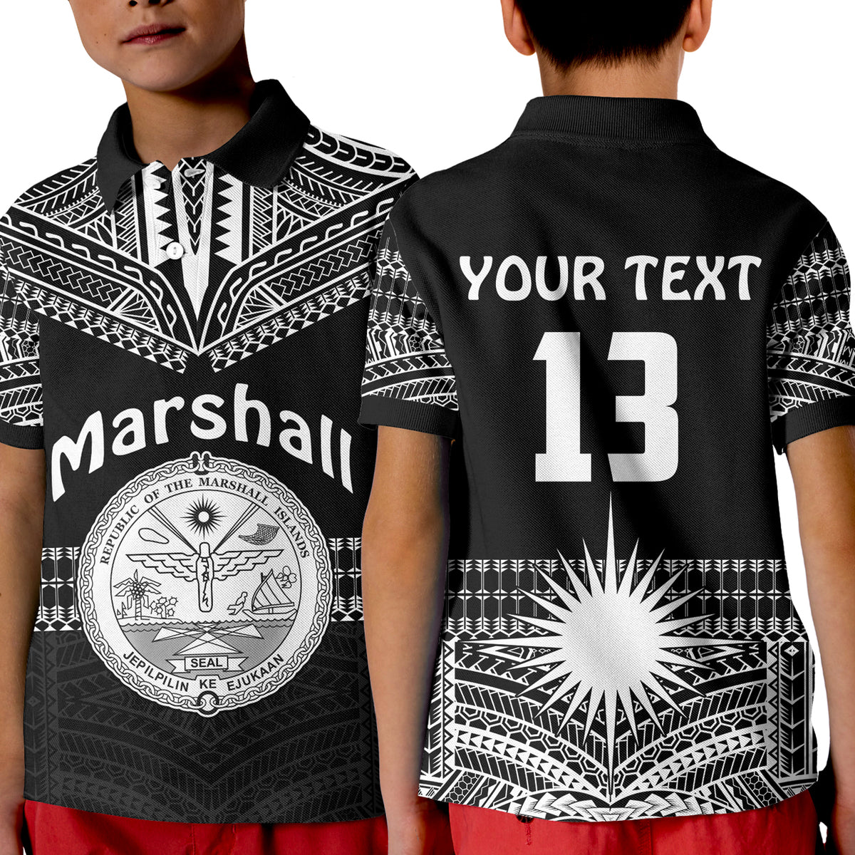 (Custom Text and Number) Marshall Islands Polo Shirt KID Best Tattoo Version Black LT13 Unisex Black - Polynesian Pride