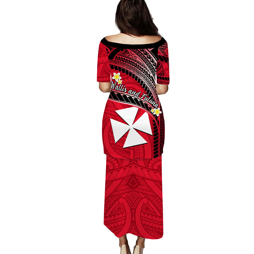 Wallis And Futuna Puletasi Dress Plumeria Flowers With Red Polynesian Pattern LT14 - Polynesian Pride