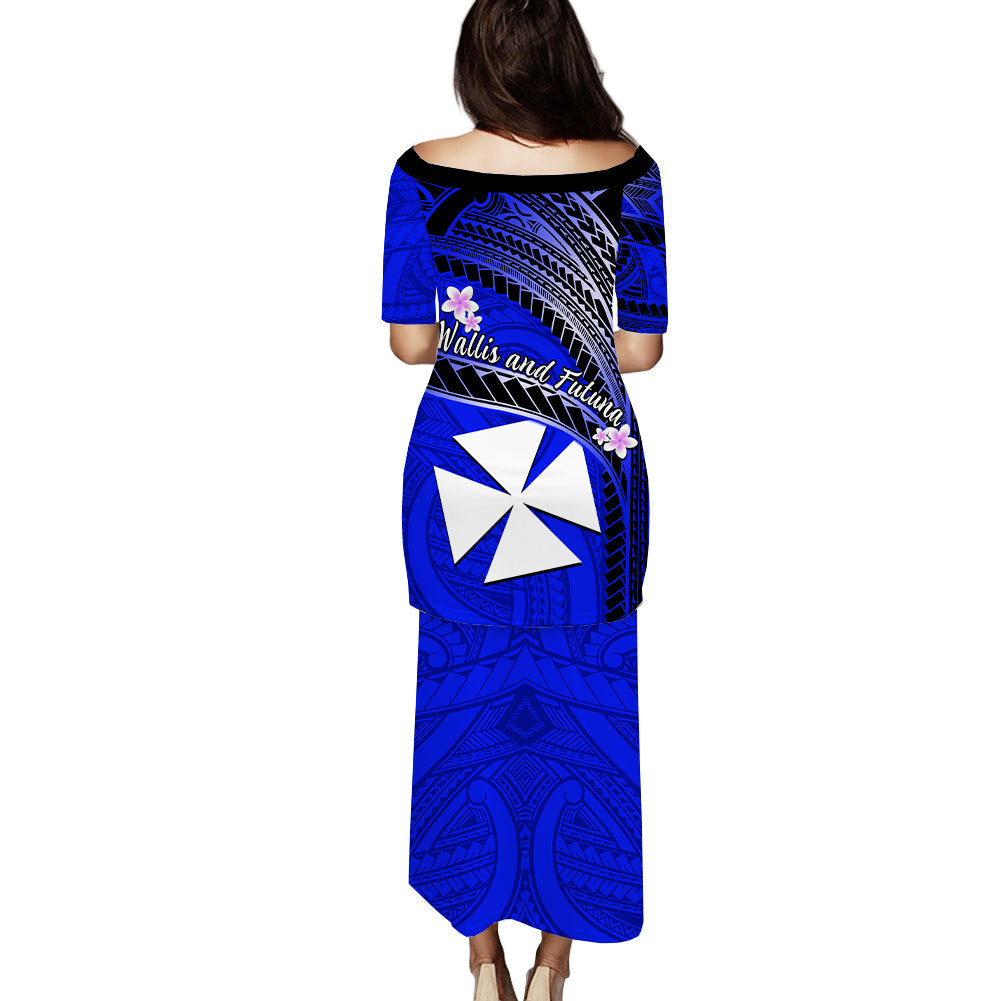 Wallis And Futuna Puletasi Dress Plumeria Flowers With Blue Polynesian Pattern LT14 - Polynesian Pride