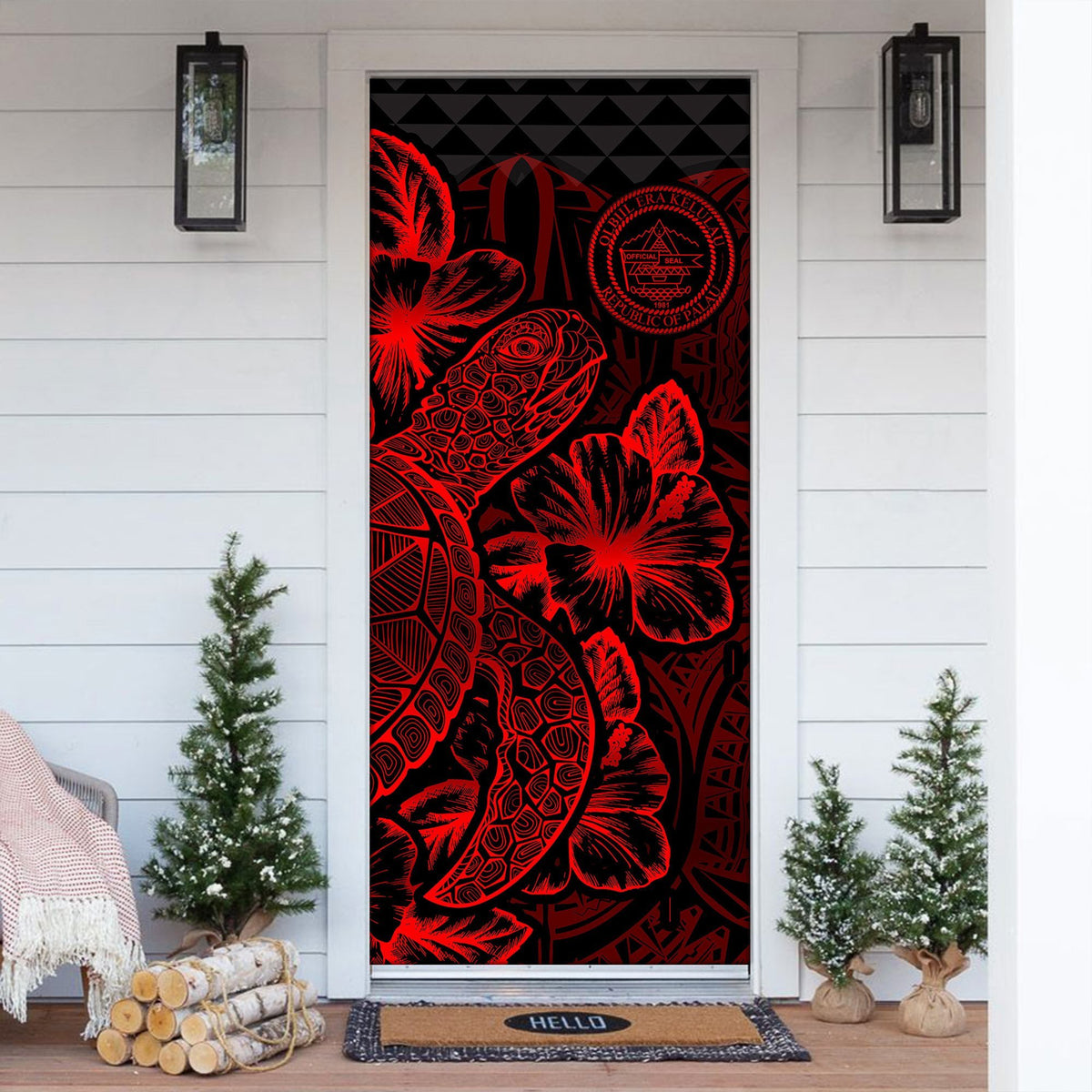 Palau Door Cover Turtle Hibiscus Red - Polynesian Pride