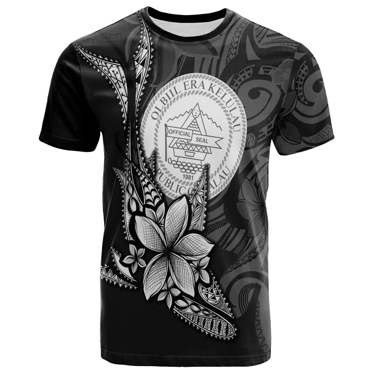 Palau Custom T Shirt Fish With Plumeria Flowers Style Unisex Black - Polynesian Pride