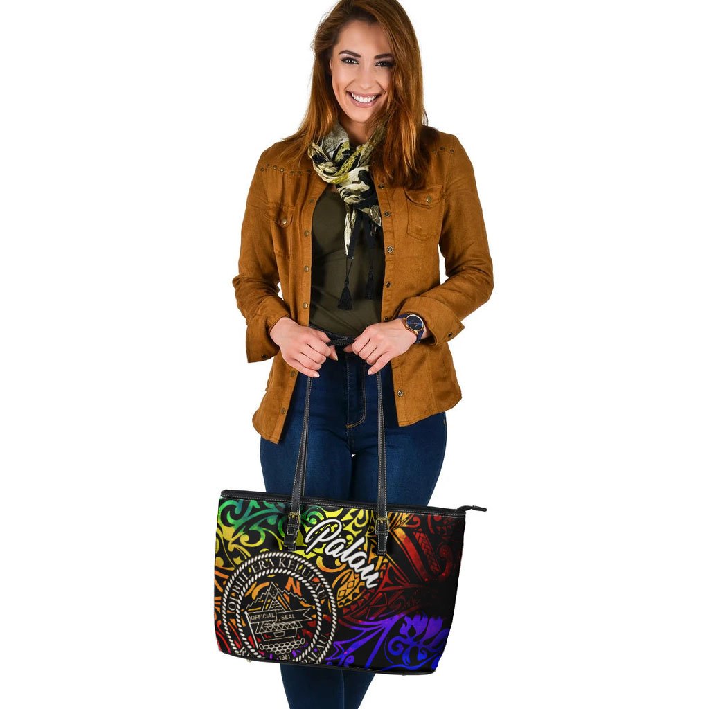 Palau Large Leather Tote Bag - Rainbow Polynesian Pattern - Polynesian Pride