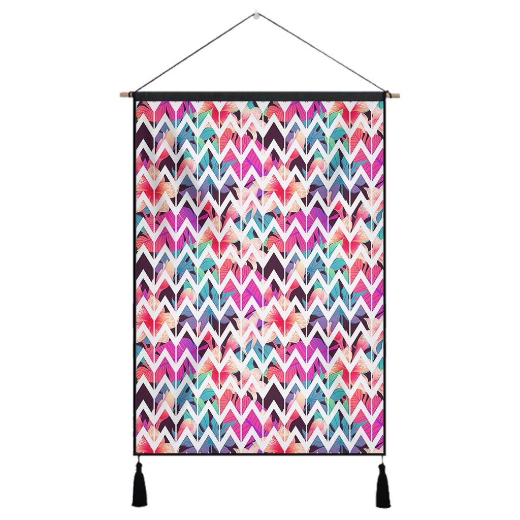 Palm Foliage On Striped Zigzag Hanging Poster - AH Hanging Poster 43 x 65 cm Cotton And Linen - Polynesian Pride