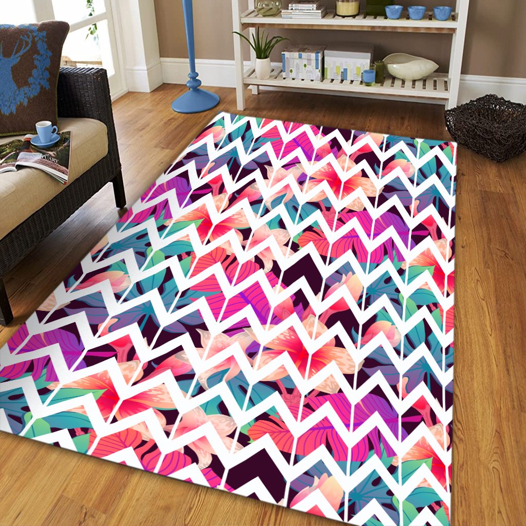 Palm Foliage On Striped Zigzag Area Rug - AH - Polynesian Pride