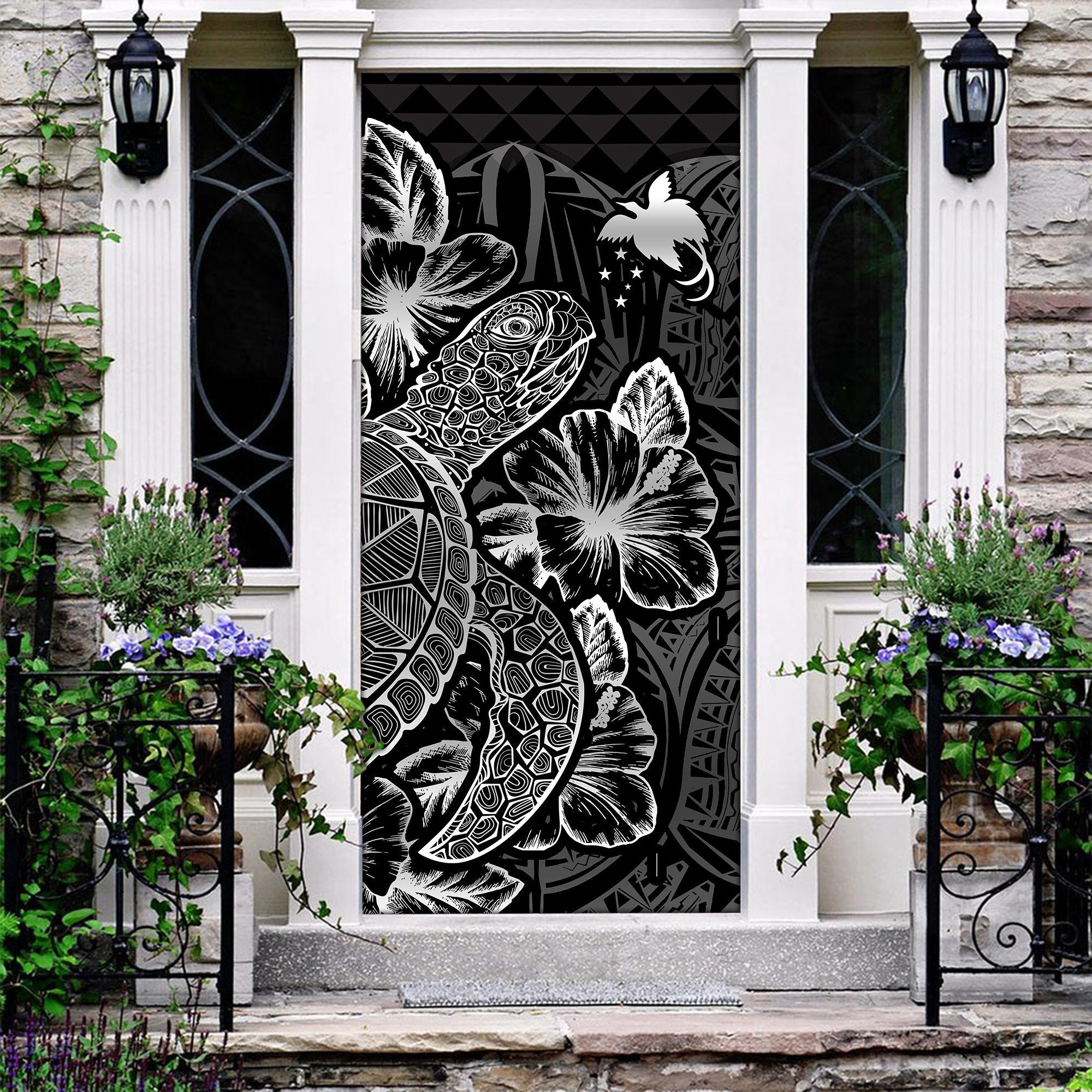 Papua New Guinea Door Cover Turtle Hibiscus Black - Polynesian Pride