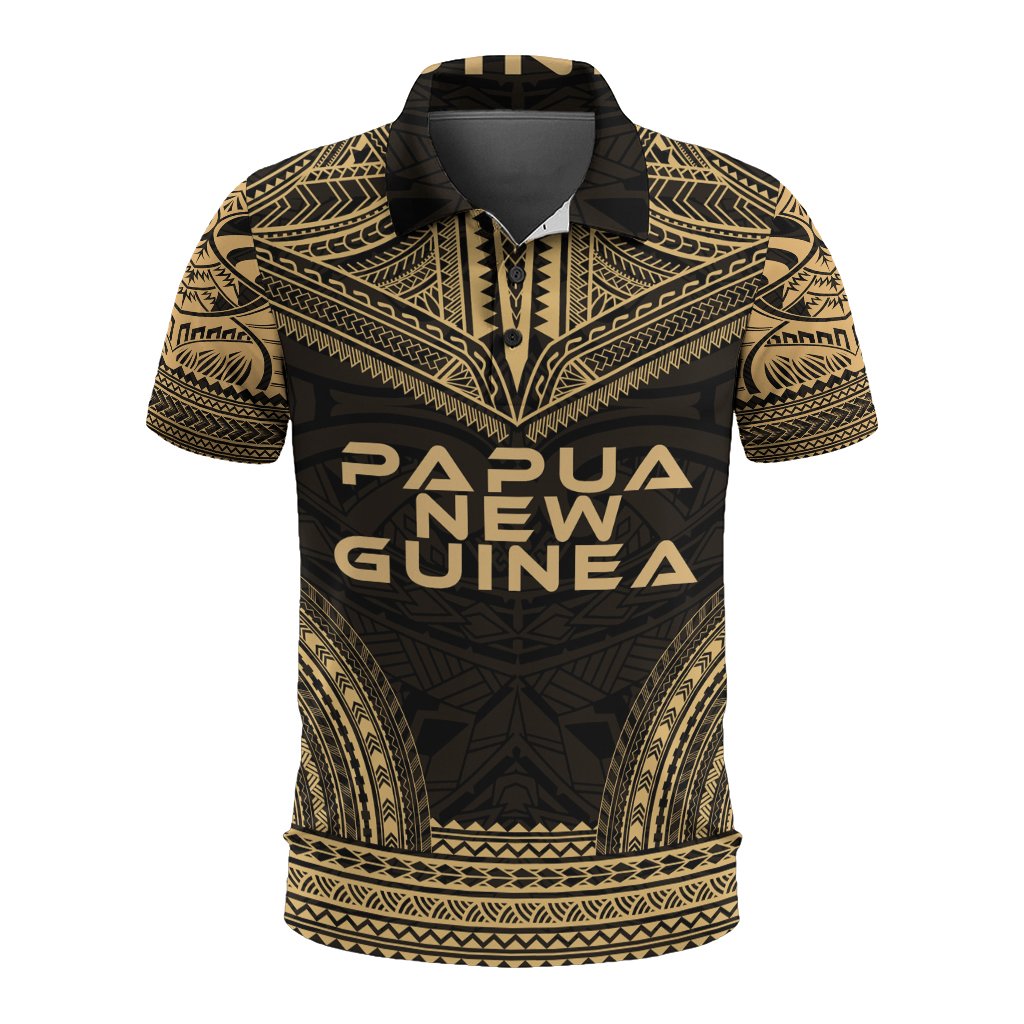 Papua New Guinea Polo Shirt Papua New Guinea Coat Of Arms Polynesian Chief Tattoo Gold Version Unisex Gold - Polynesian Pride