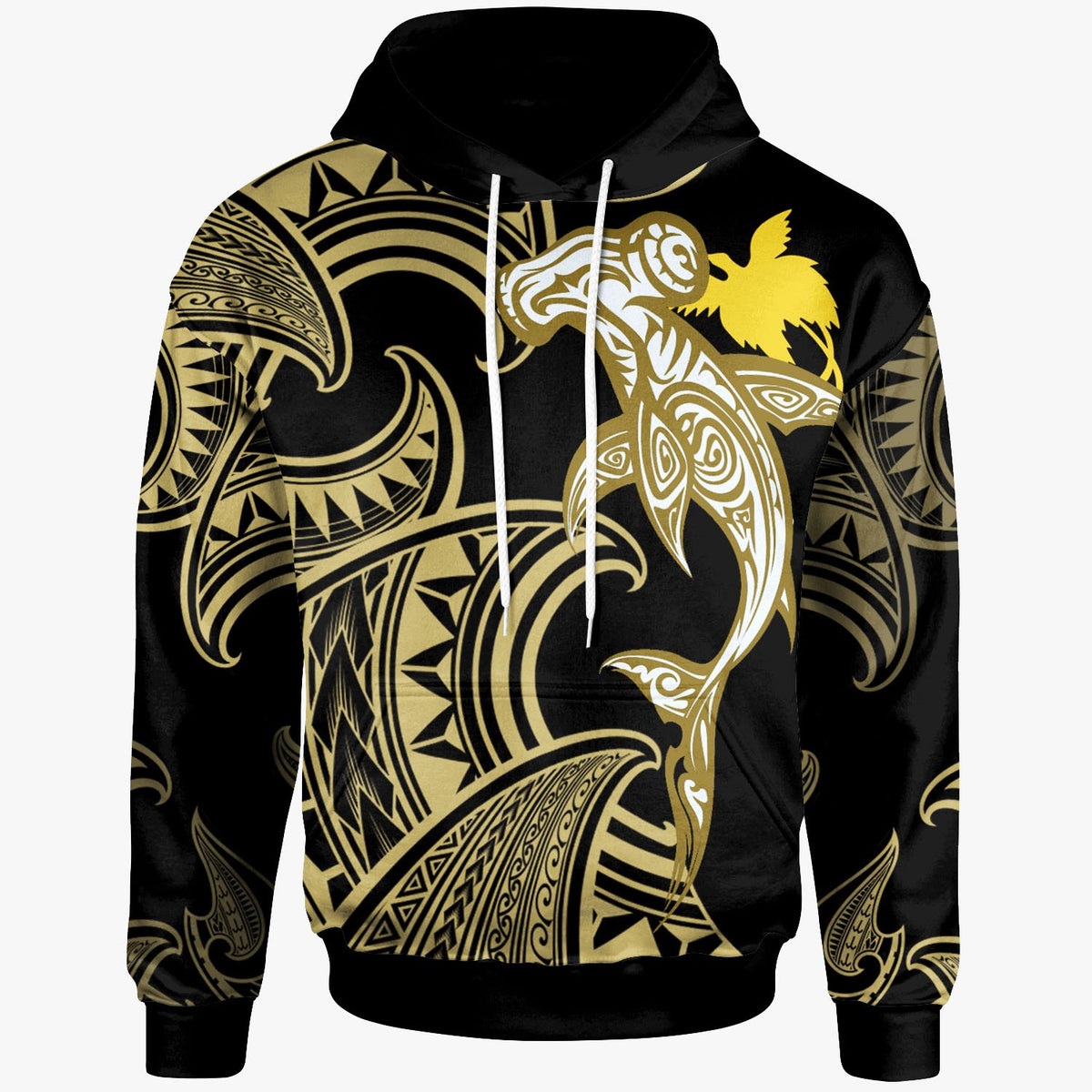 Papua Hoodie Hammerhead Shark Tribal Pattern Unisex Gold - Polynesian Pride