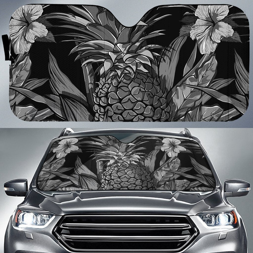 Pineapple Hibiscus Black And White Car Sun Shade AH Auto Sun Shade Universal Fit White - Polynesian Pride