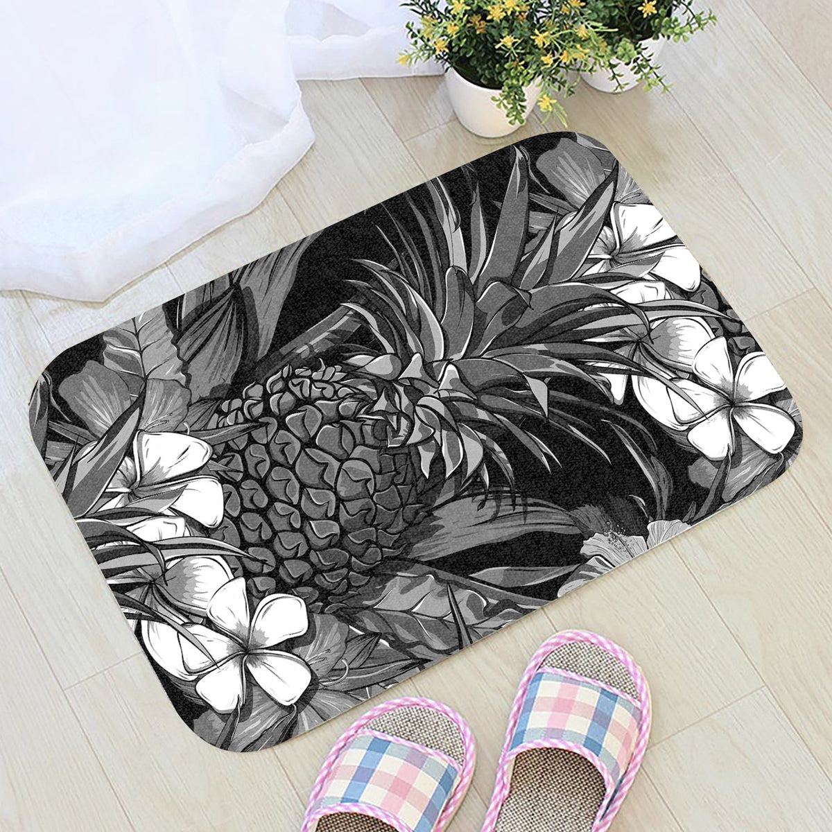 Pineapple Hibiscus Black And White Door Mat - Polynesian Pride