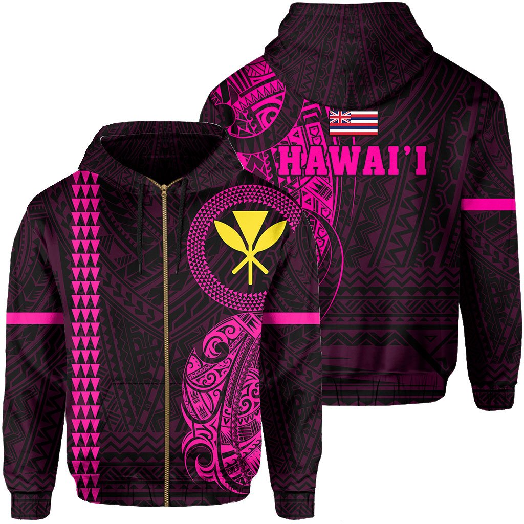 Polynesian Kakau Kanaka Flag of Hawaii Zip Hoodie Pink Unisex Pink - Polynesian Pride