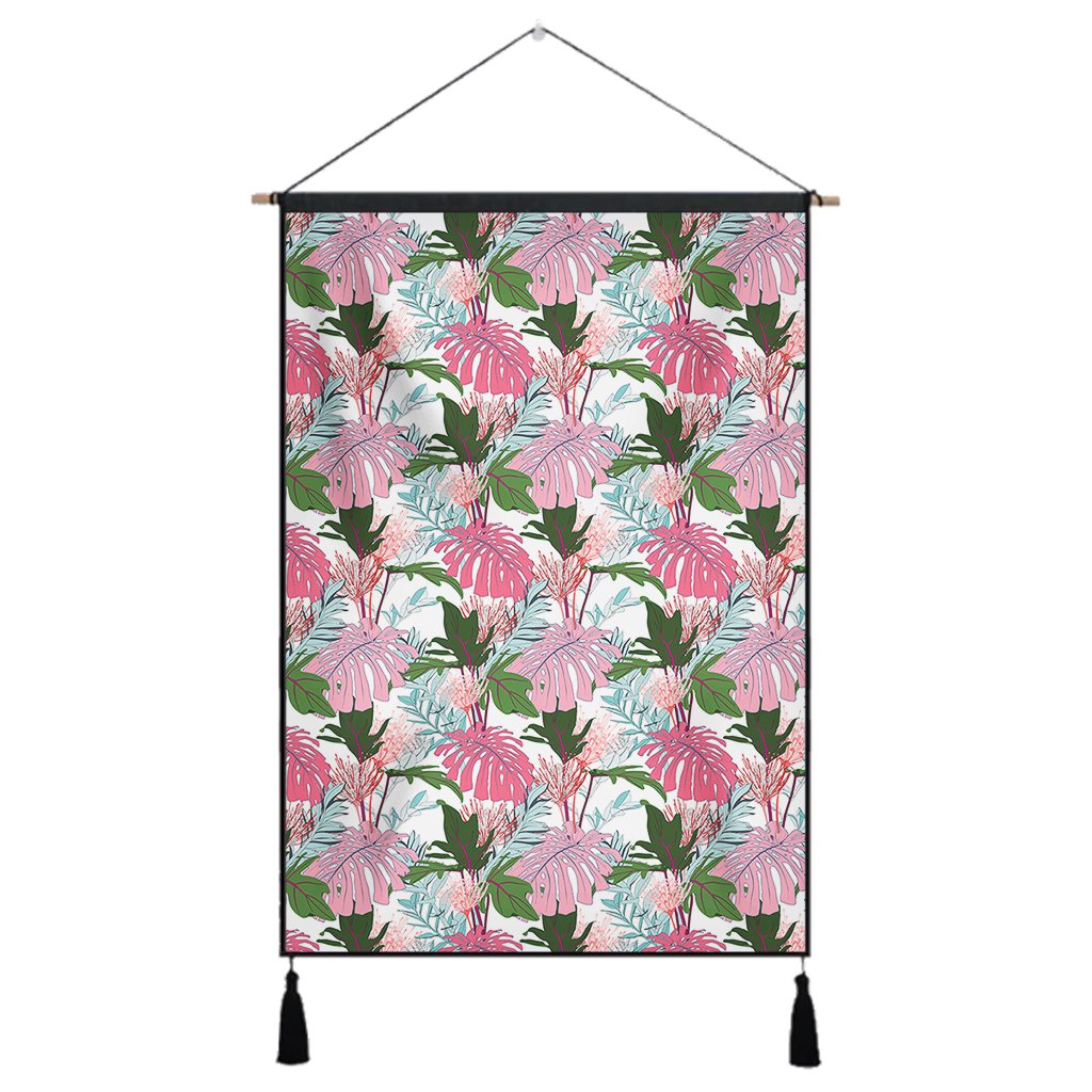 Pink Monstera And Green Tropical Leaves White Hanging Poster - AH Hanging Poster 43 x 65 cm Cotton And Linen - Polynesian Pride