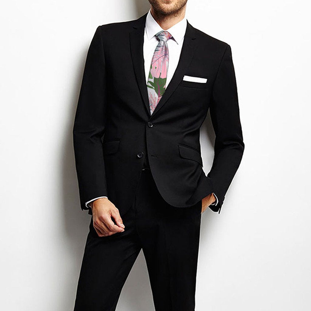 Pink Monstera And Green Tropical Leaves White Necktie One Size Black Necktie - Polynesian Pride